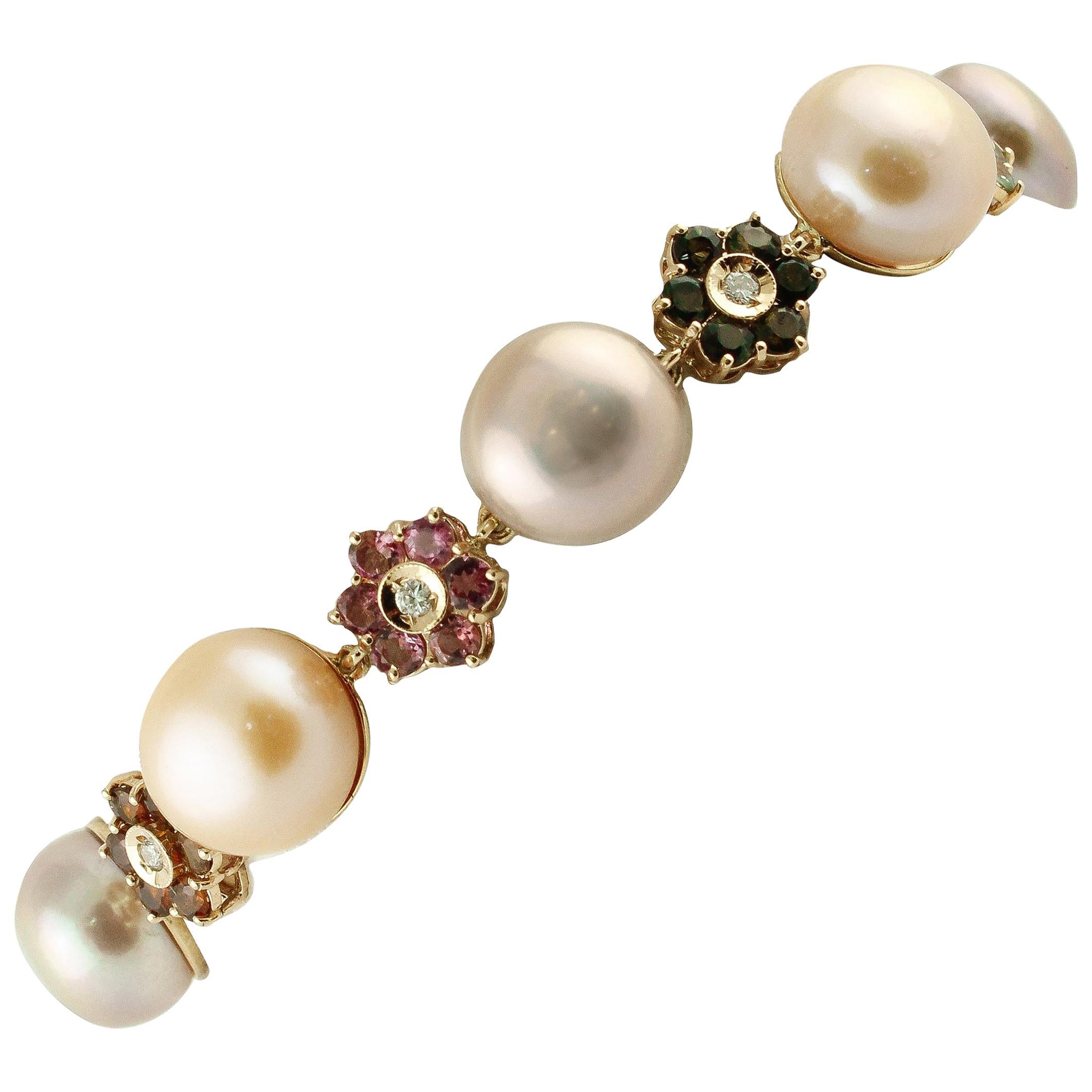 Bracelet à maillons en or rose, diamants, tortues multicolores, perles rose clair-violet