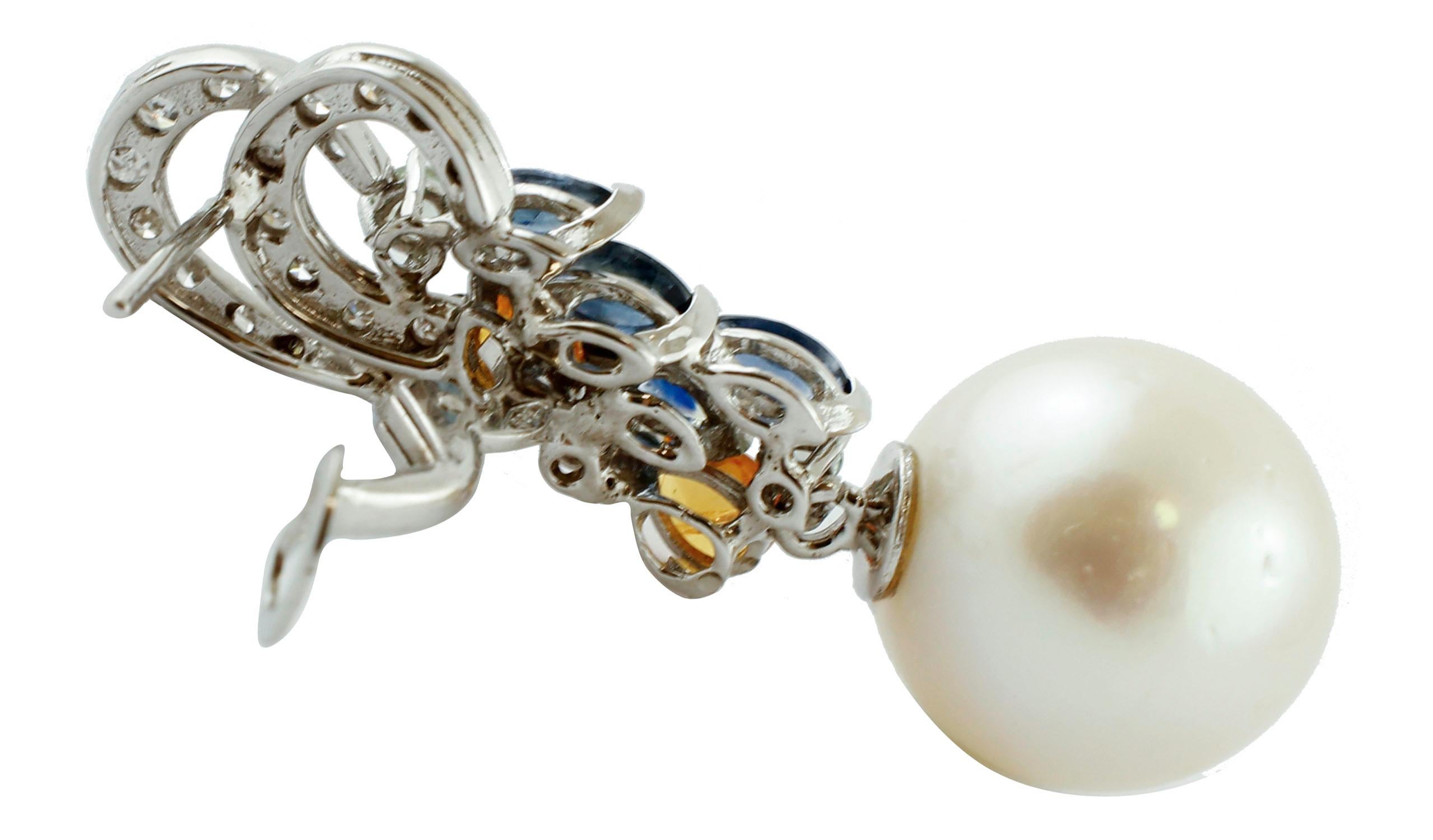 Retro Diamonds, Multi-Colored Sapphires, South-Sea Pearls White Gold Clip-On Earrings