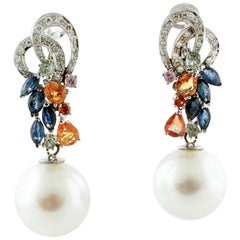 Diamonds, Multi-Colored Sapphires, South-Sea Pearls White Gold Clip-On Earrings