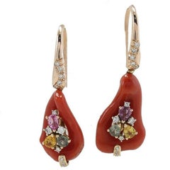  Diamonds, Multicolor Sapphires, Red Corals, Rose Gold Level Back Earrings