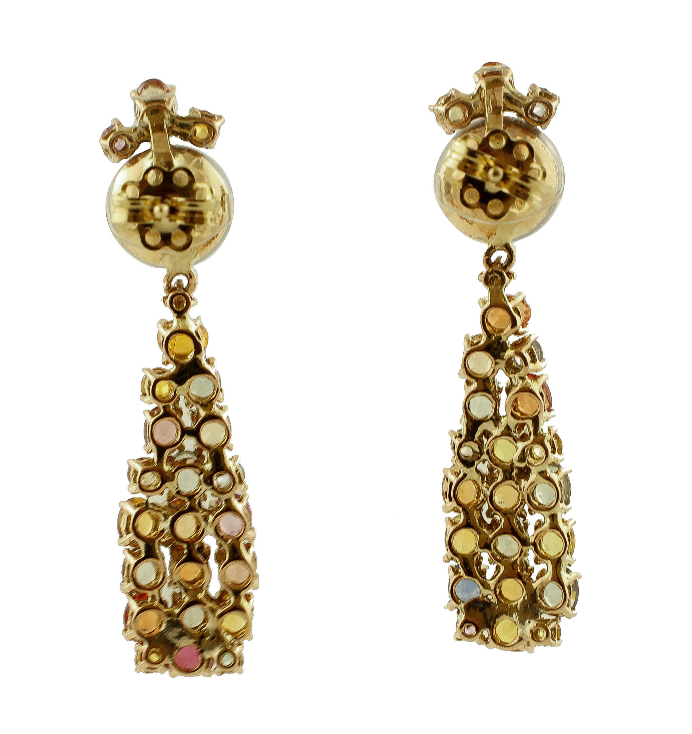 Retro Diamonds, Multi-Color Sapphires, Grey Pearls, 14 Karat Rose Gold Drop Earrings For Sale