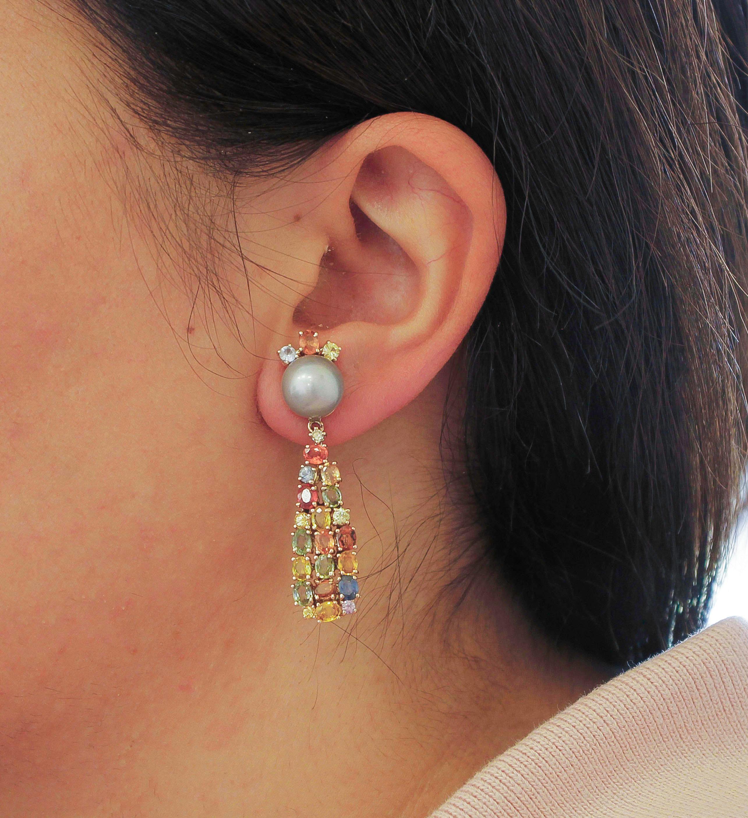 Women's Diamonds, Multi-Color Sapphires, Grey Pearls, 14 Karat Rose Gold Drop Earrings For Sale