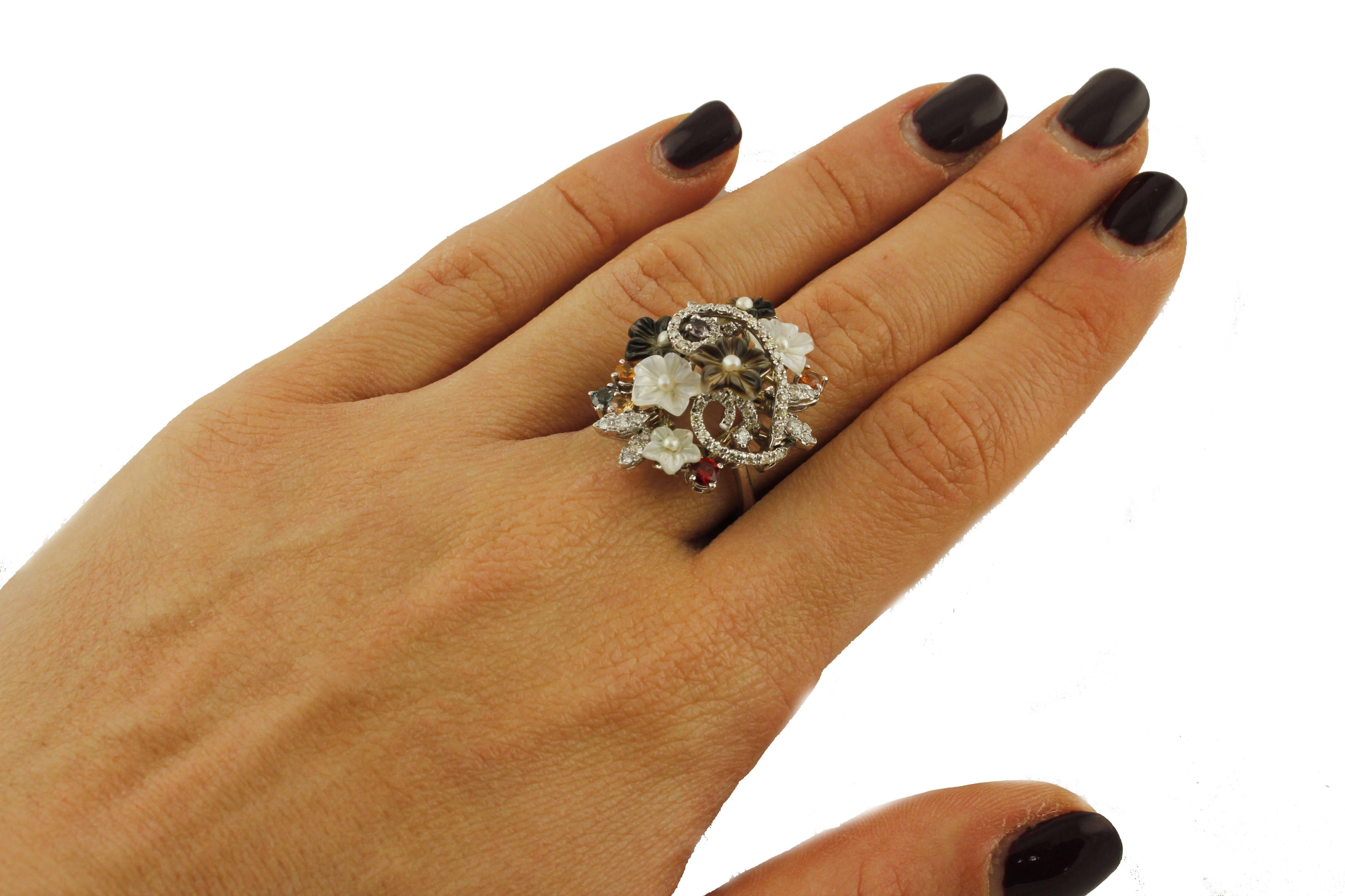 Diamonds Multi-Color Sapphires Pearls White Stones Flowers Fashion Ring 1