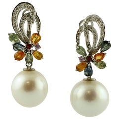 Diamonds Multi-Color Sapphires, South Sea Pearls, 14k White Gold Dangle Earrings