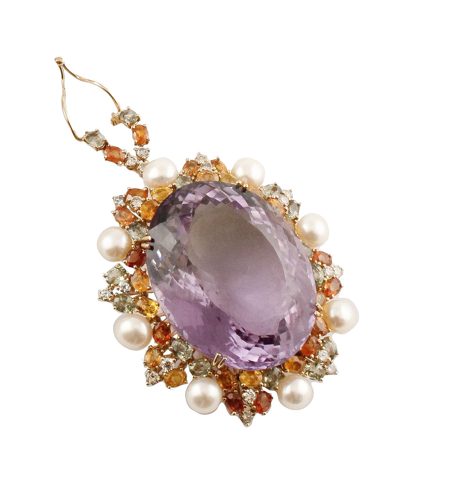Halskette mit Diamanten, mehrfarbigen Saphiren, Amethysten und weißen, hellrosa Perlen (Retro) im Angebot
