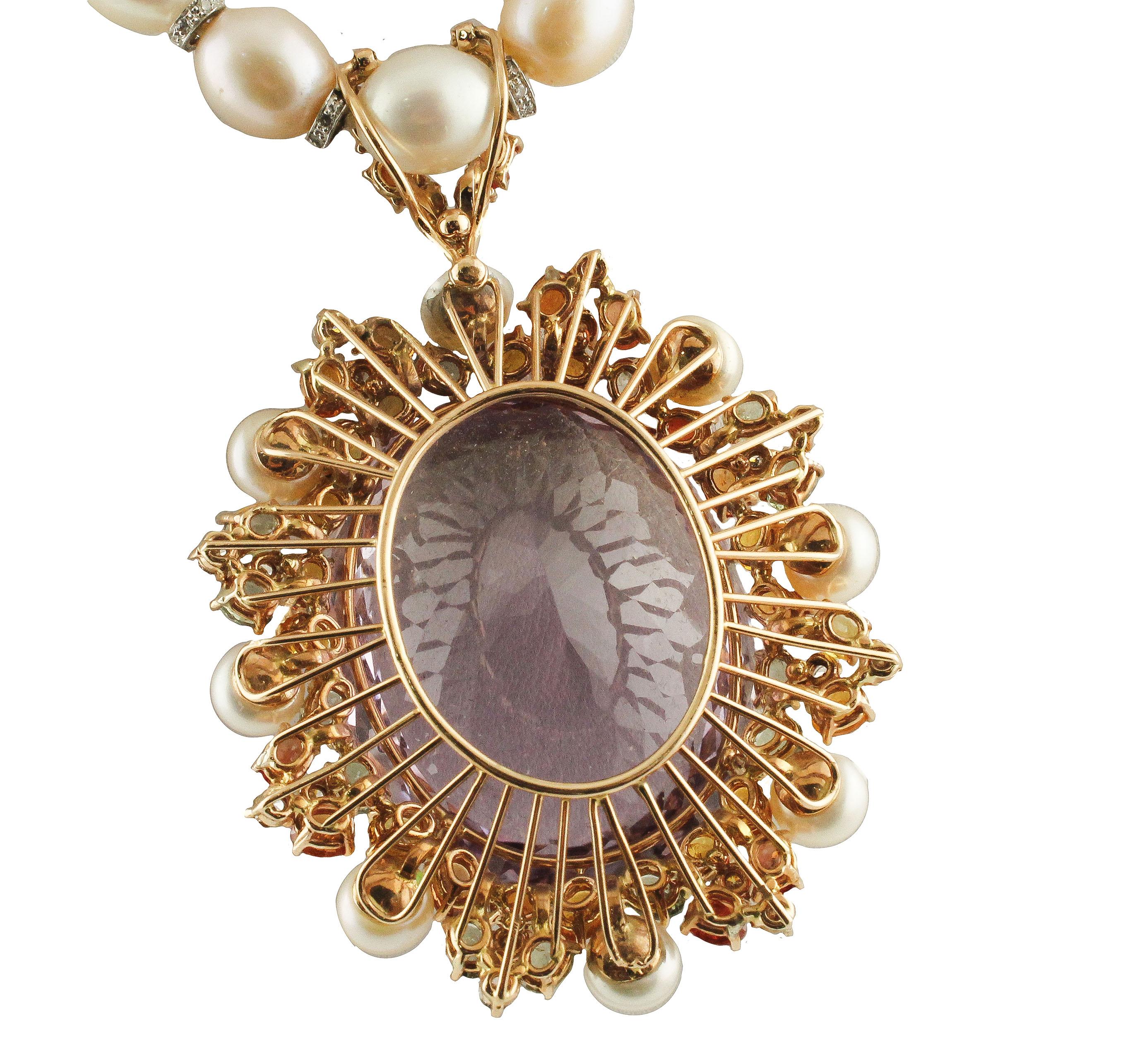 Halskette mit Diamanten, mehrfarbigen Saphiren, Amethysten und weißen, hellrosa Perlen (Brillantschliff) im Angebot