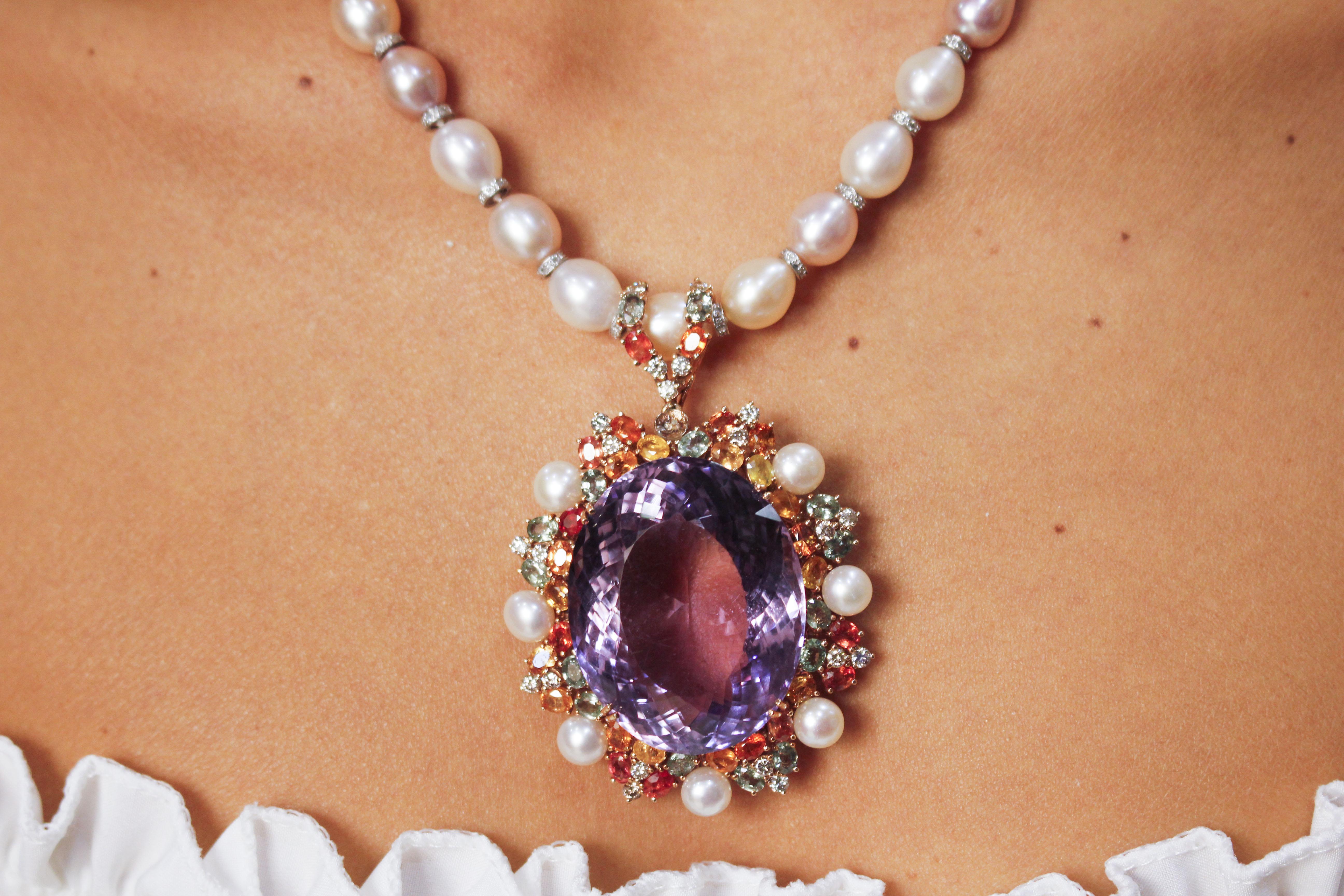 Retro Diamonds Multicolored Sapphires Amethyst White, Light-Pink Pearls Necklace For Sale