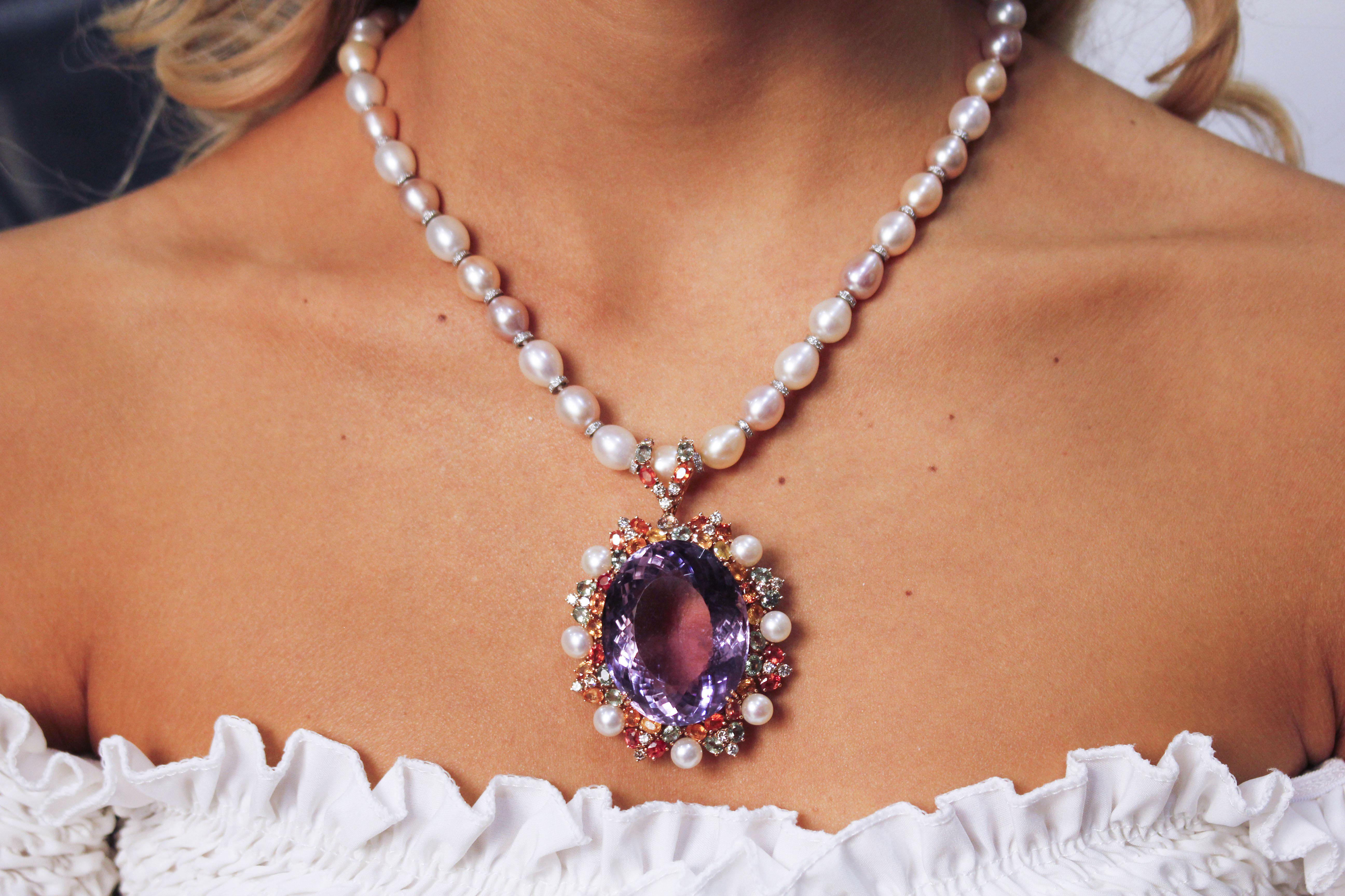 Brilliant Cut Diamonds Multicolored Sapphires Amethyst White, Light-Pink Pearls Necklace For Sale