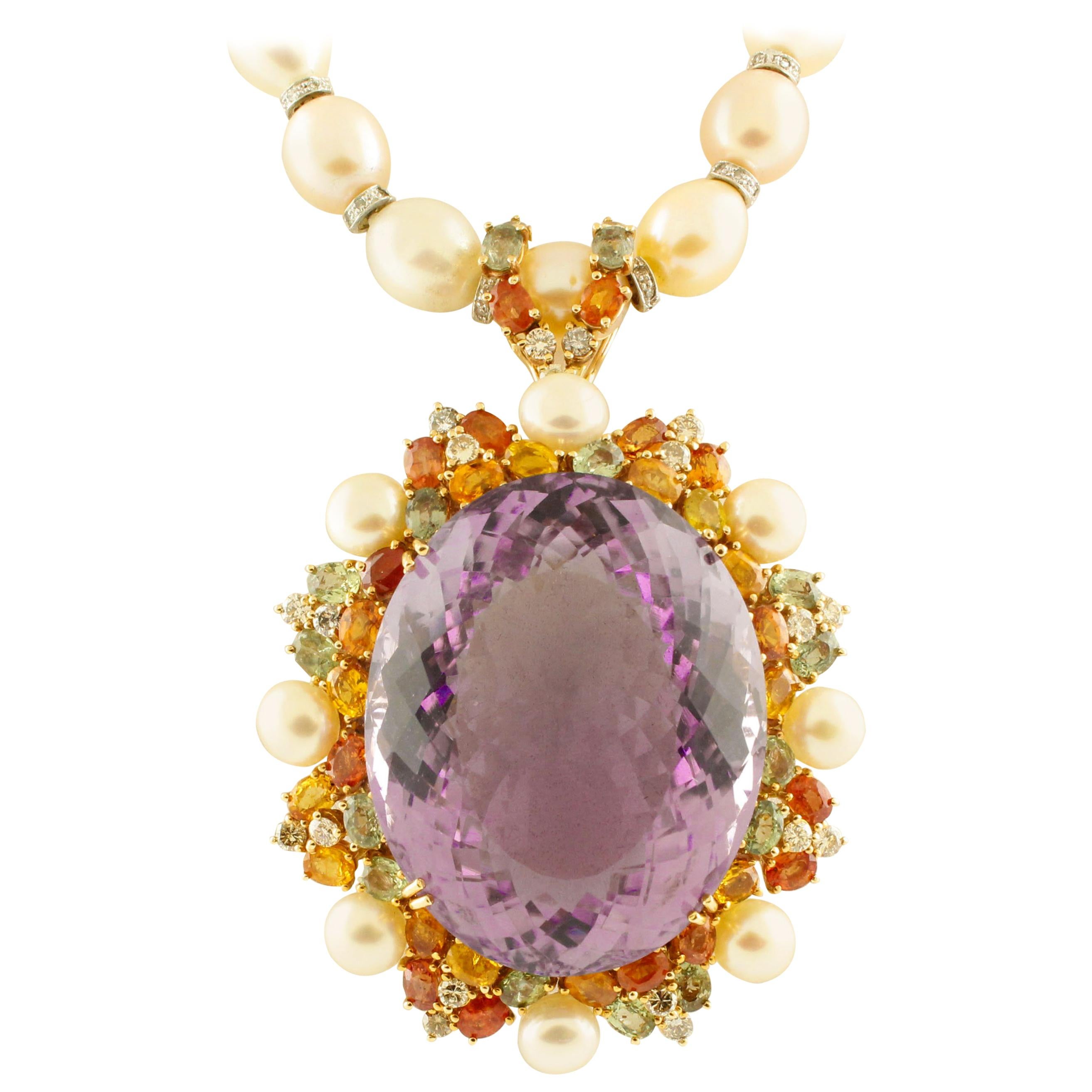 Diamonds Multicolored Sapphires Amethyst White, Light-Pink Pearls Necklace For Sale