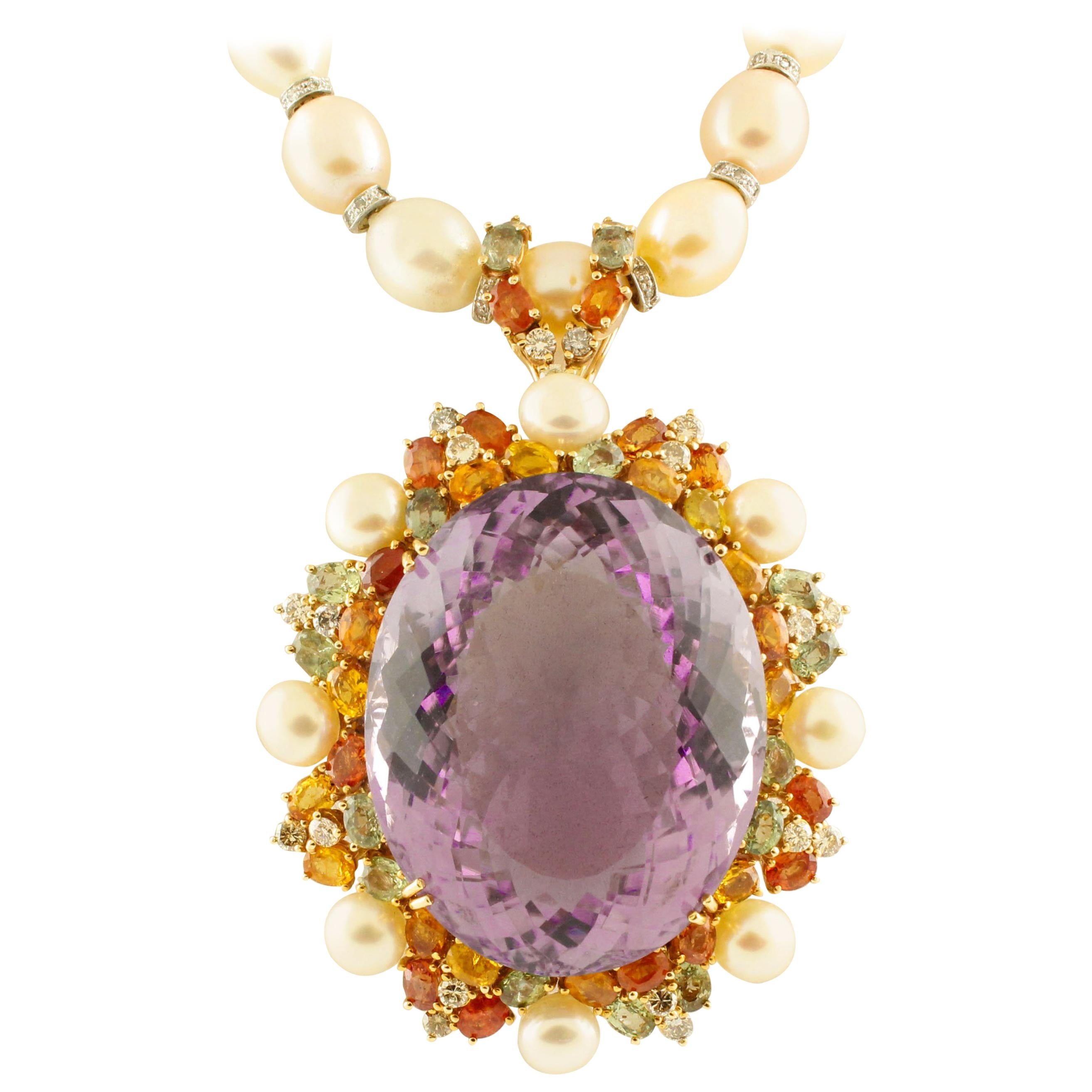 Diamantes Zafiros Multicolores Amatista Blanca, Collar de Perlas Rosa Claro