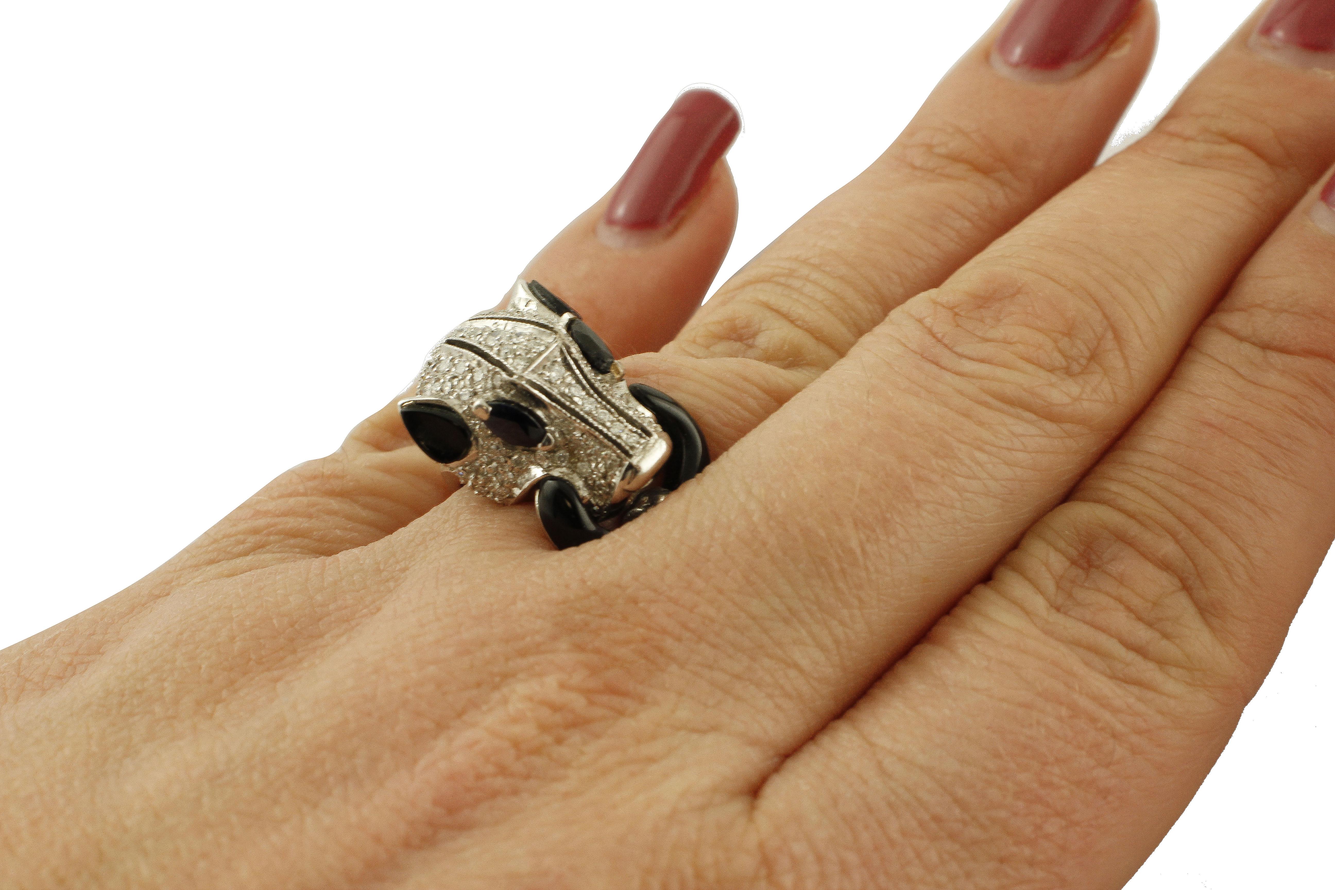 Retro Diamonds, Onyx, 14 Karat White Gold Bull Ring For Sale