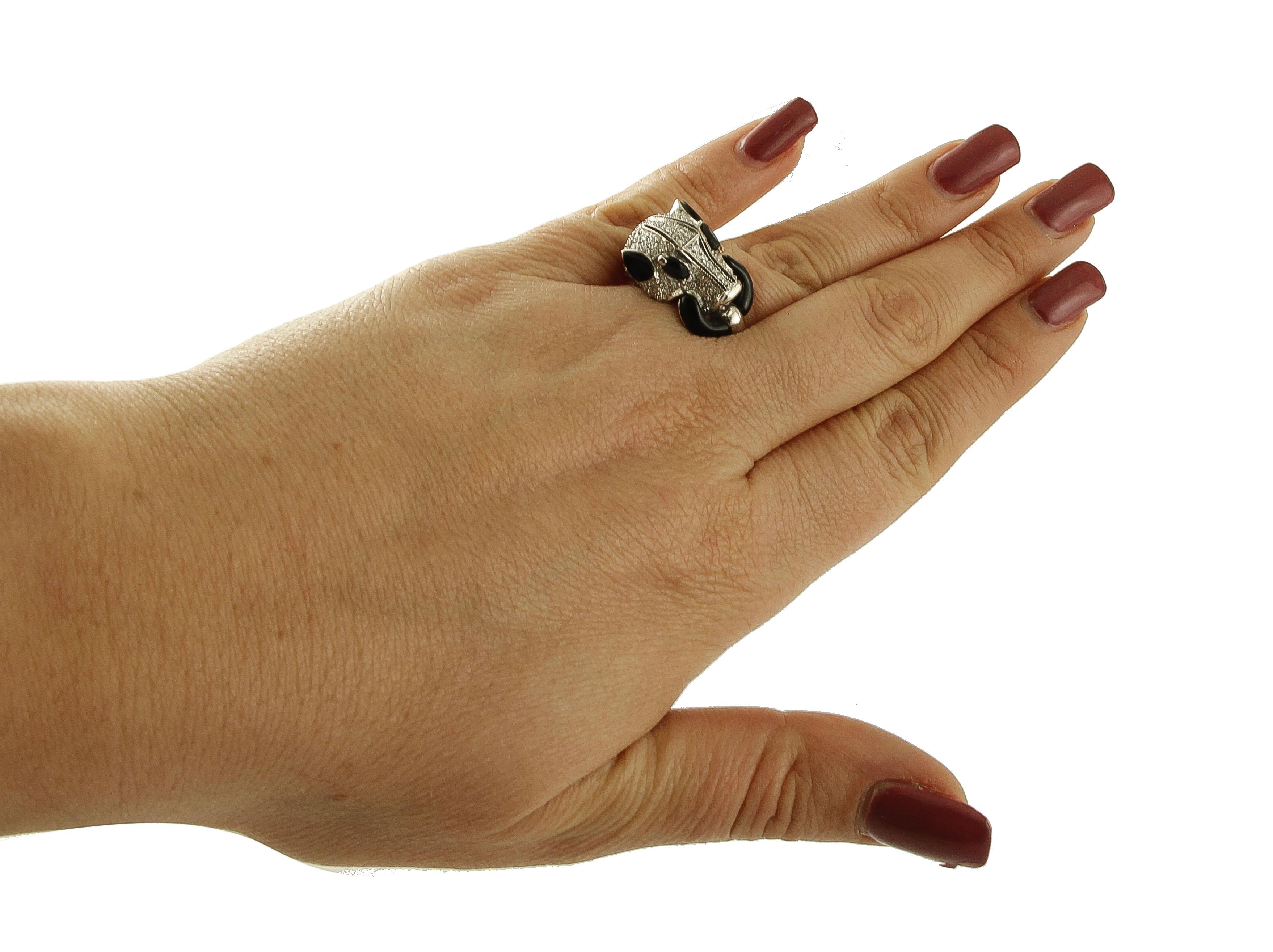 Women's Diamonds, Onyx, 14 Karat White Gold Bull Ring For Sale
