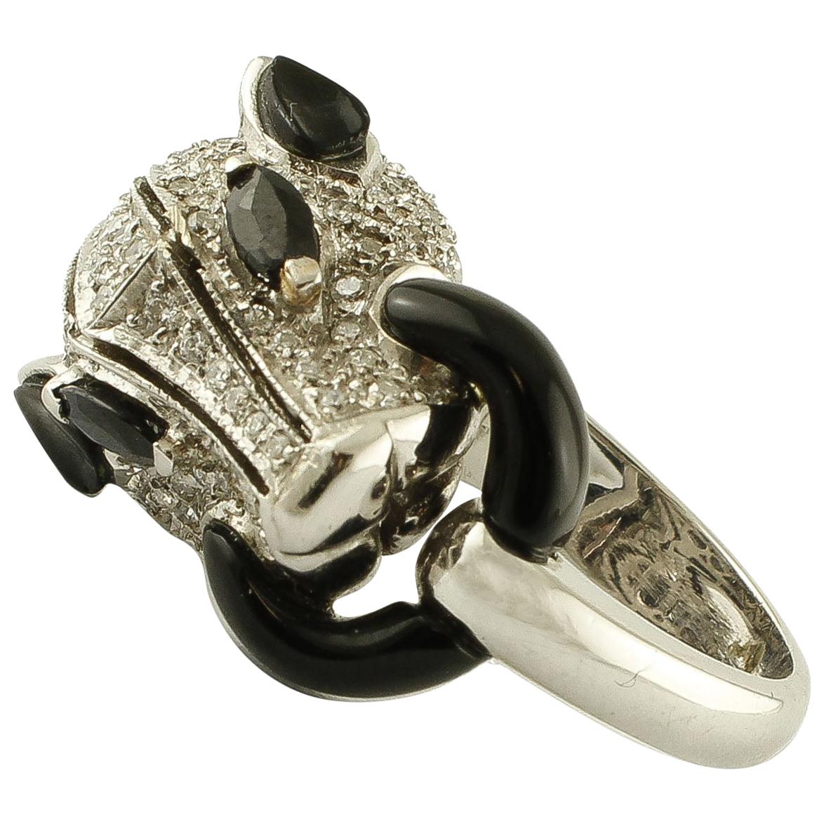 Bull Ring mit Diamanten, Onyx, 14 Karat Weißgold