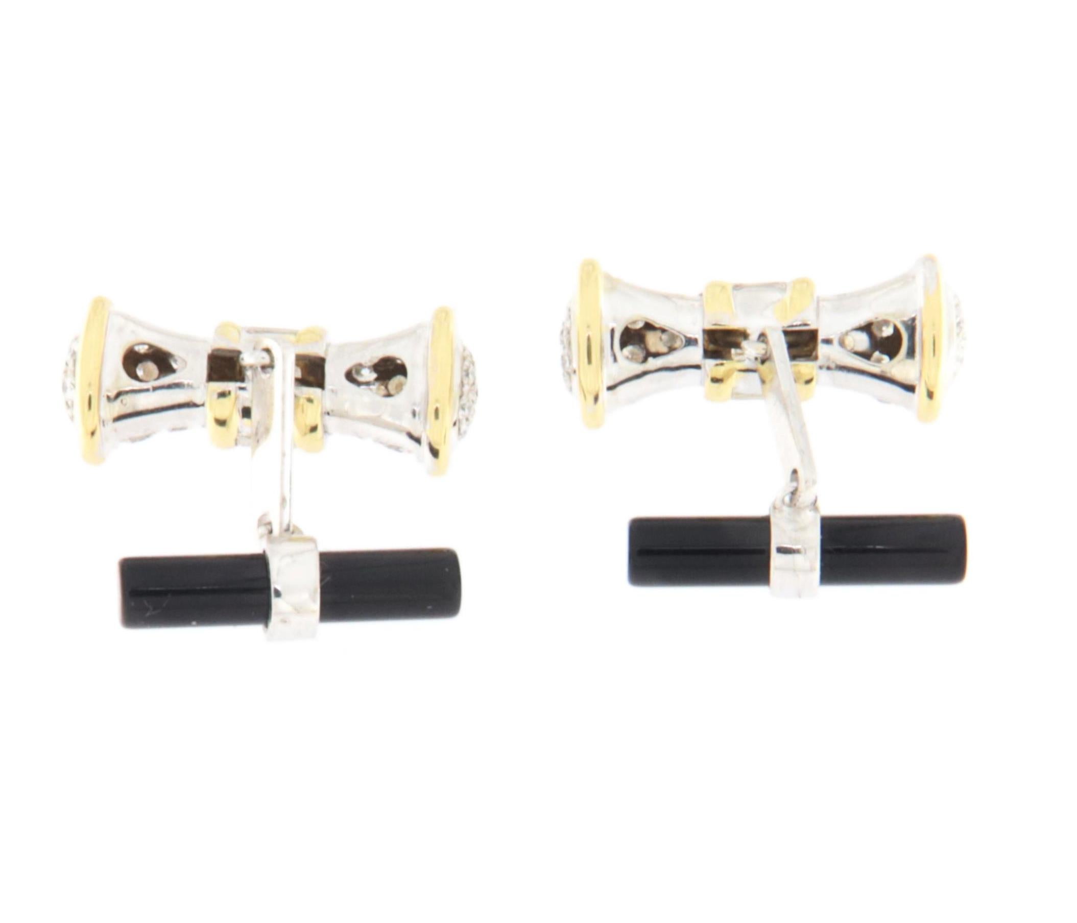 Taglio brillante Gemelli con diamanti e onice in oro bianco e giallo 18 carati in vendita
