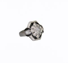 Art Deco 18K White Gold Natural Diamond Onyx Cocktail Ring, Circa 1930