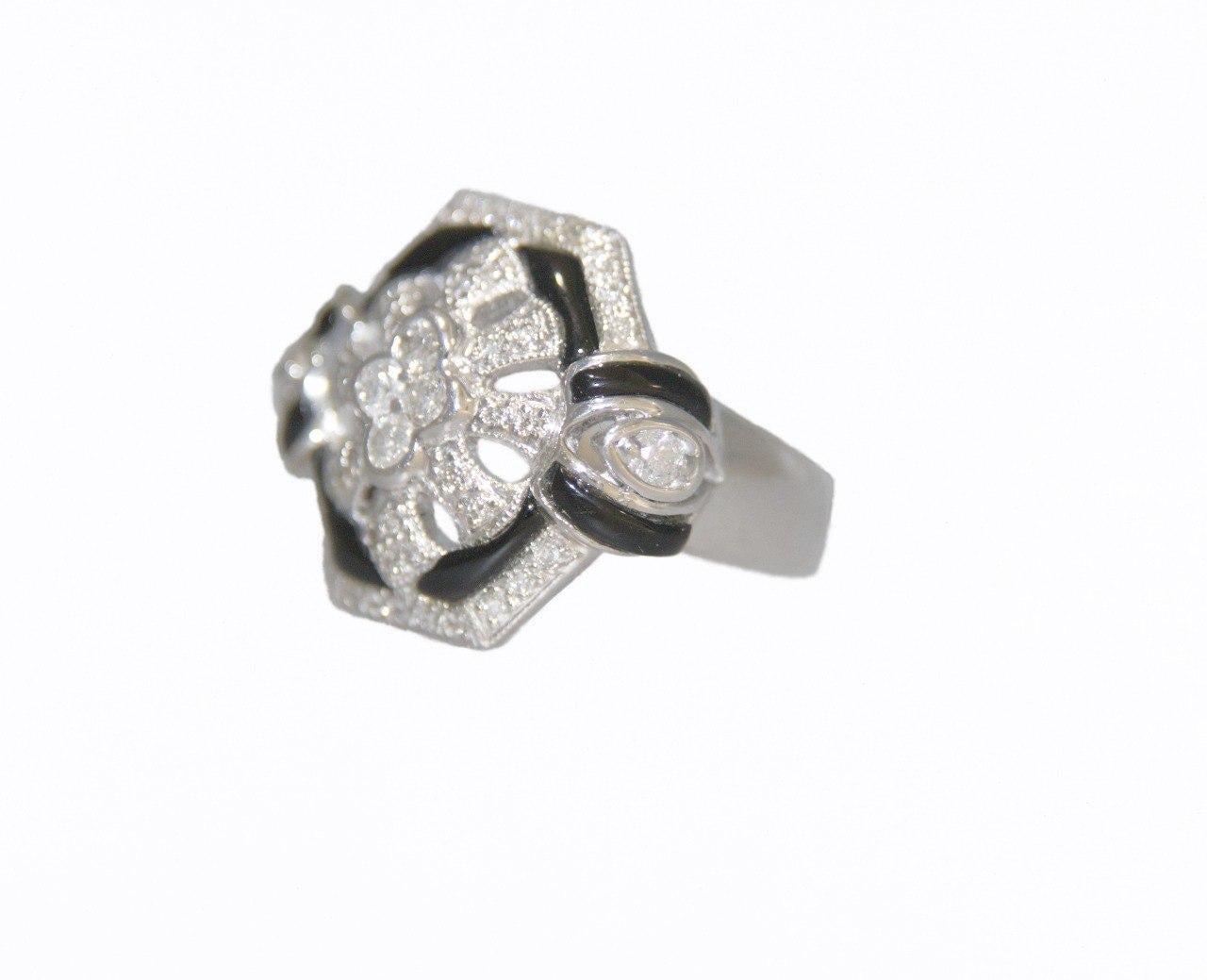 Brilliant Cut Diamonds Onyx 18 Karat White Gold Cocktail Rings For Sale