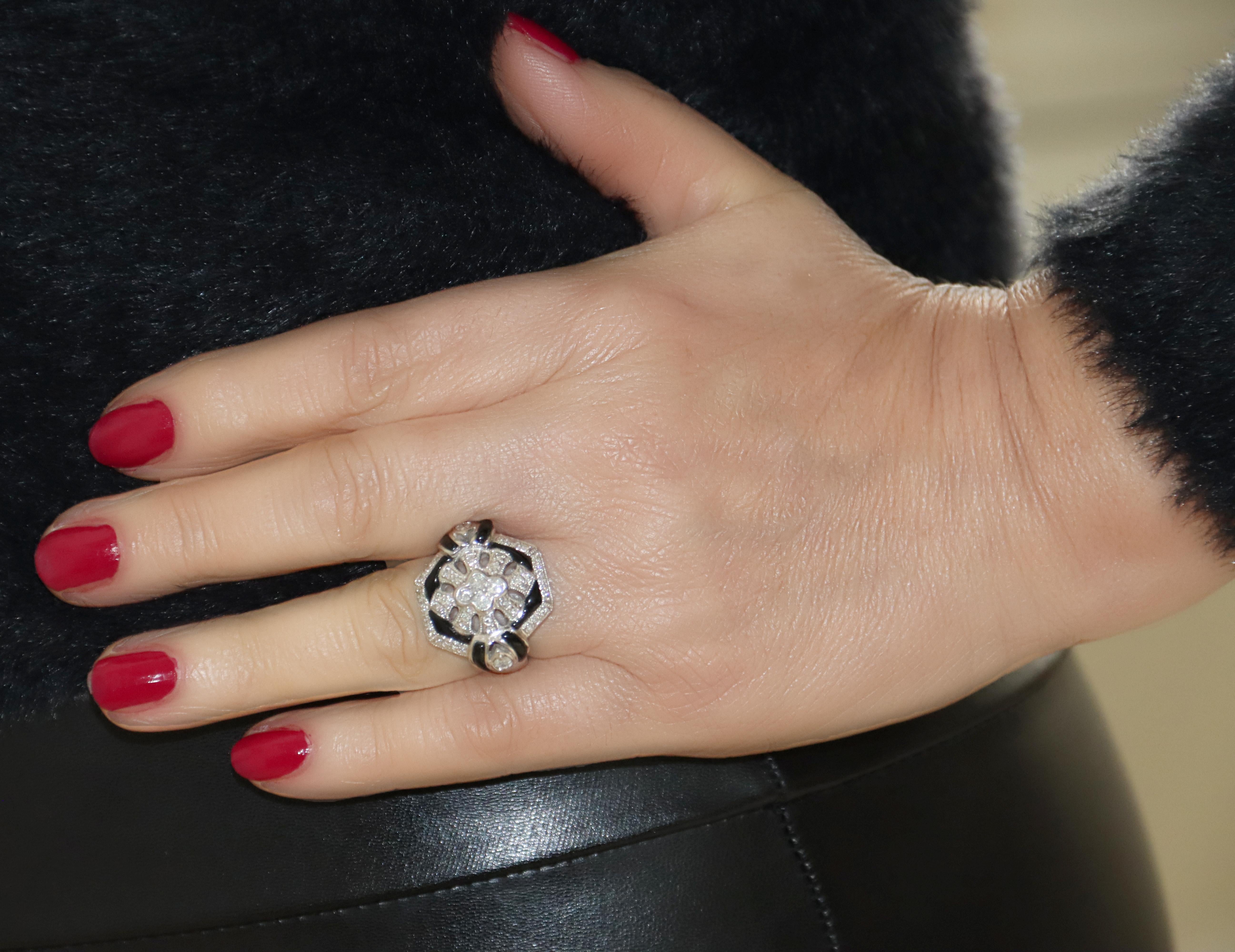 Women's Diamonds Onyx 18 Karat White Gold Cocktail Rings For Sale