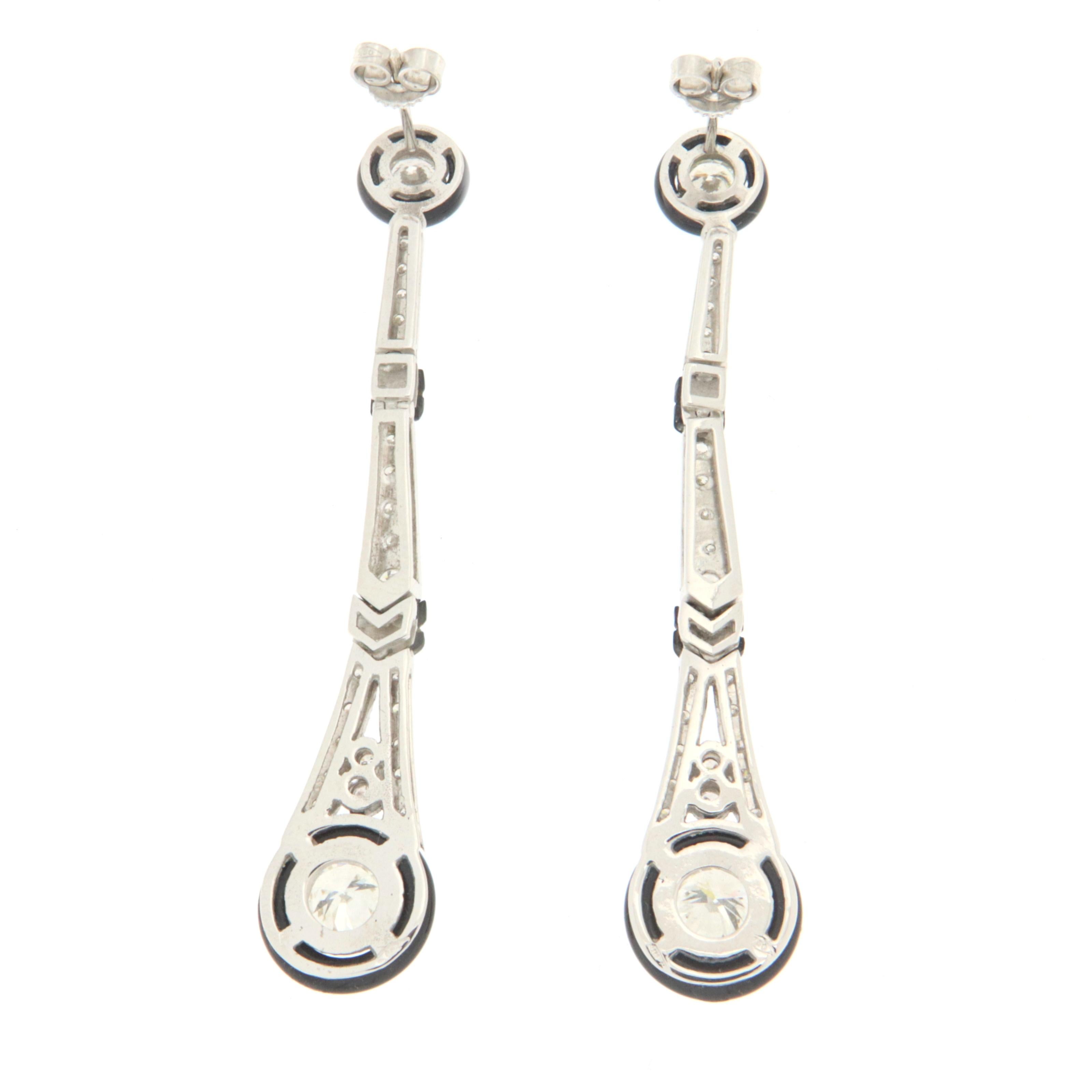 Artisan Diamonds Onyx 18 Karat White Gold Drop Earrings For Sale