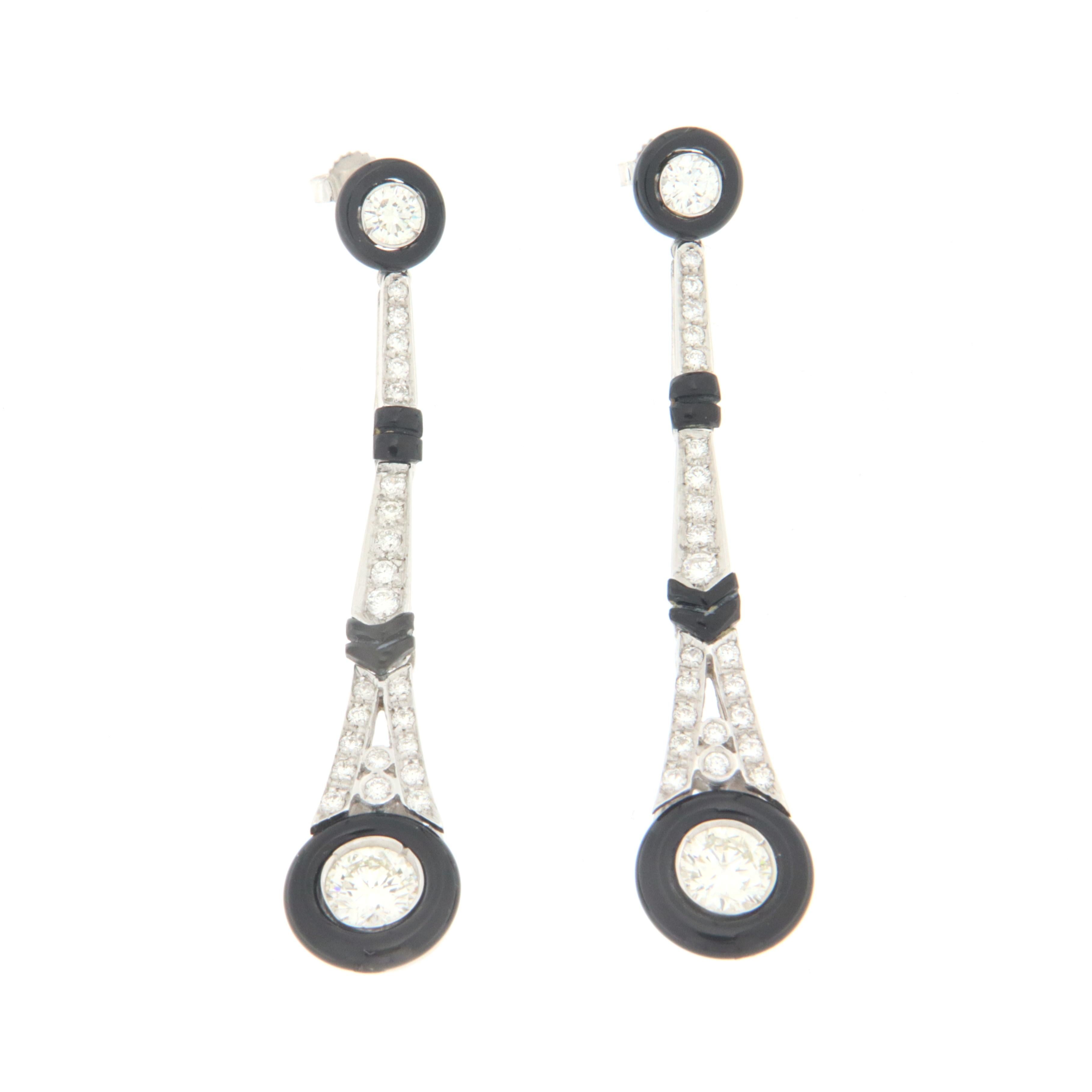 Diamonds Onyx 18 Karat White Gold Drop Earrings In New Condition For Sale In Marcianise, IT