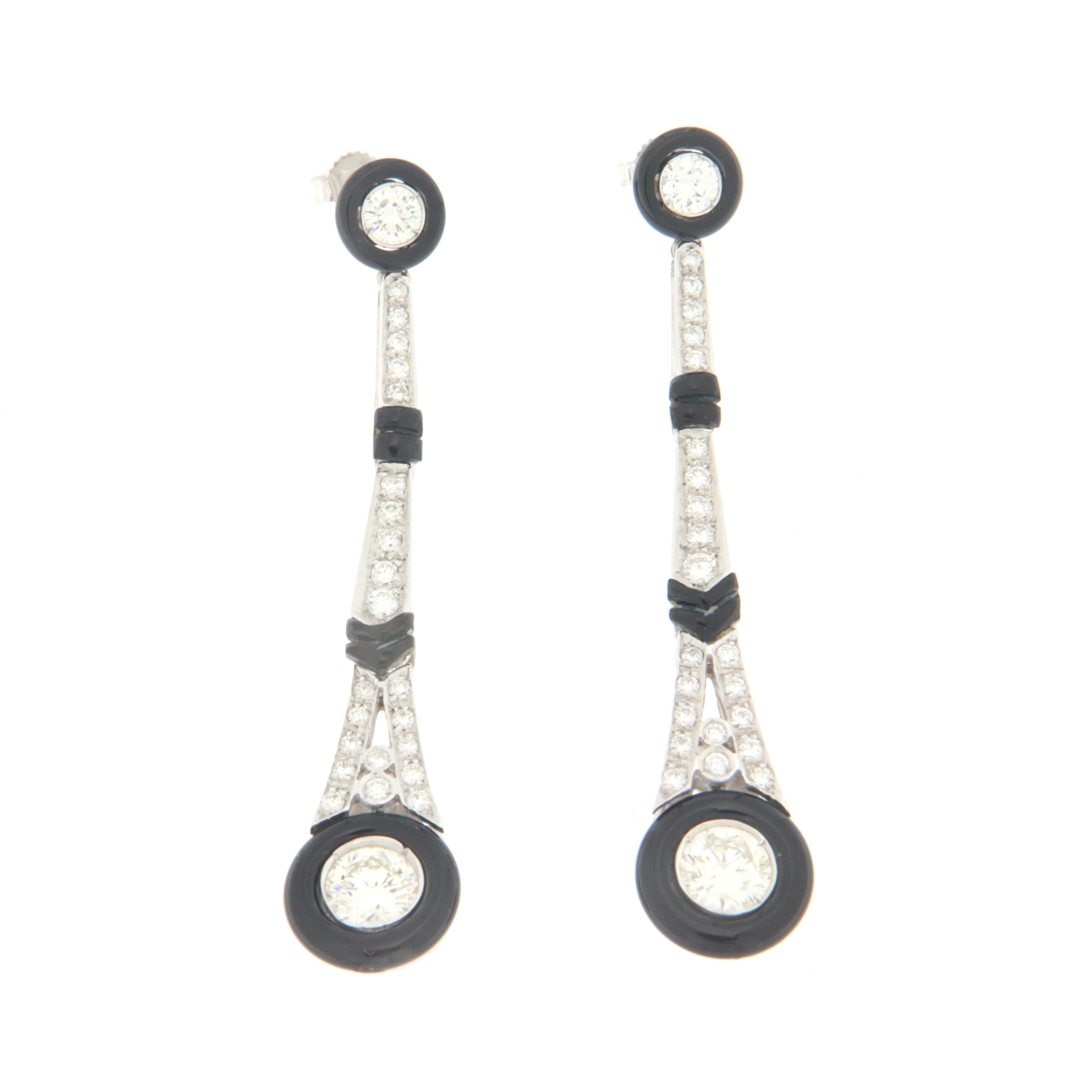 Diamonds Onyx 18 Karat White Gold Drop Earrings In New Condition For Sale In Marcianise, IT