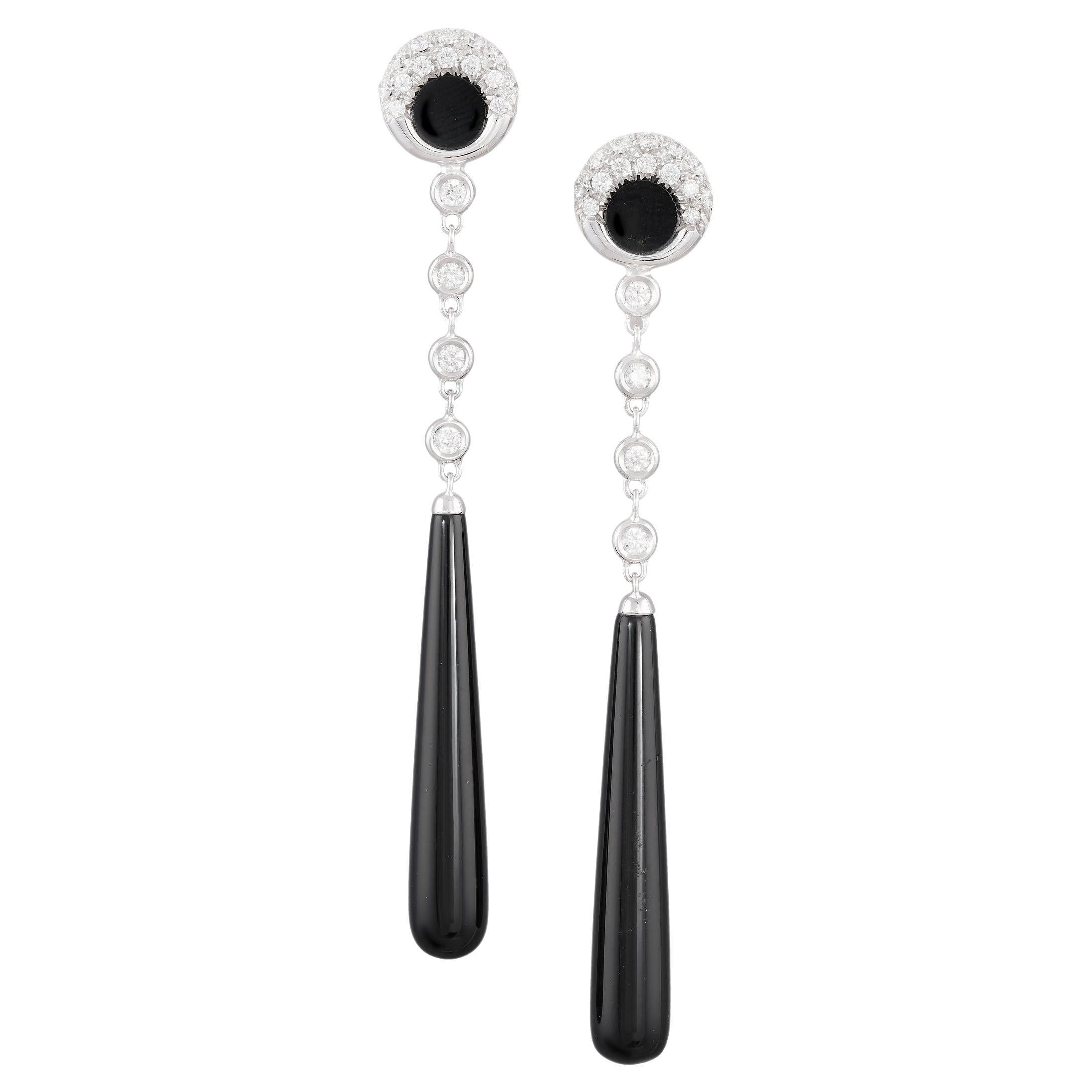 Diamonds Onyx 18 Kt White Gold Made in Italy Long Earrings For Sale at  1stDibs