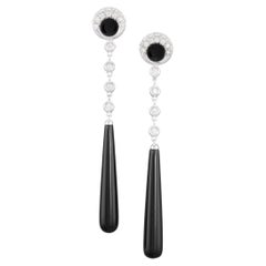 Boucles d'oreilles longues en or blanc 18 carats, diamants et onyx, fabriquées en Italie