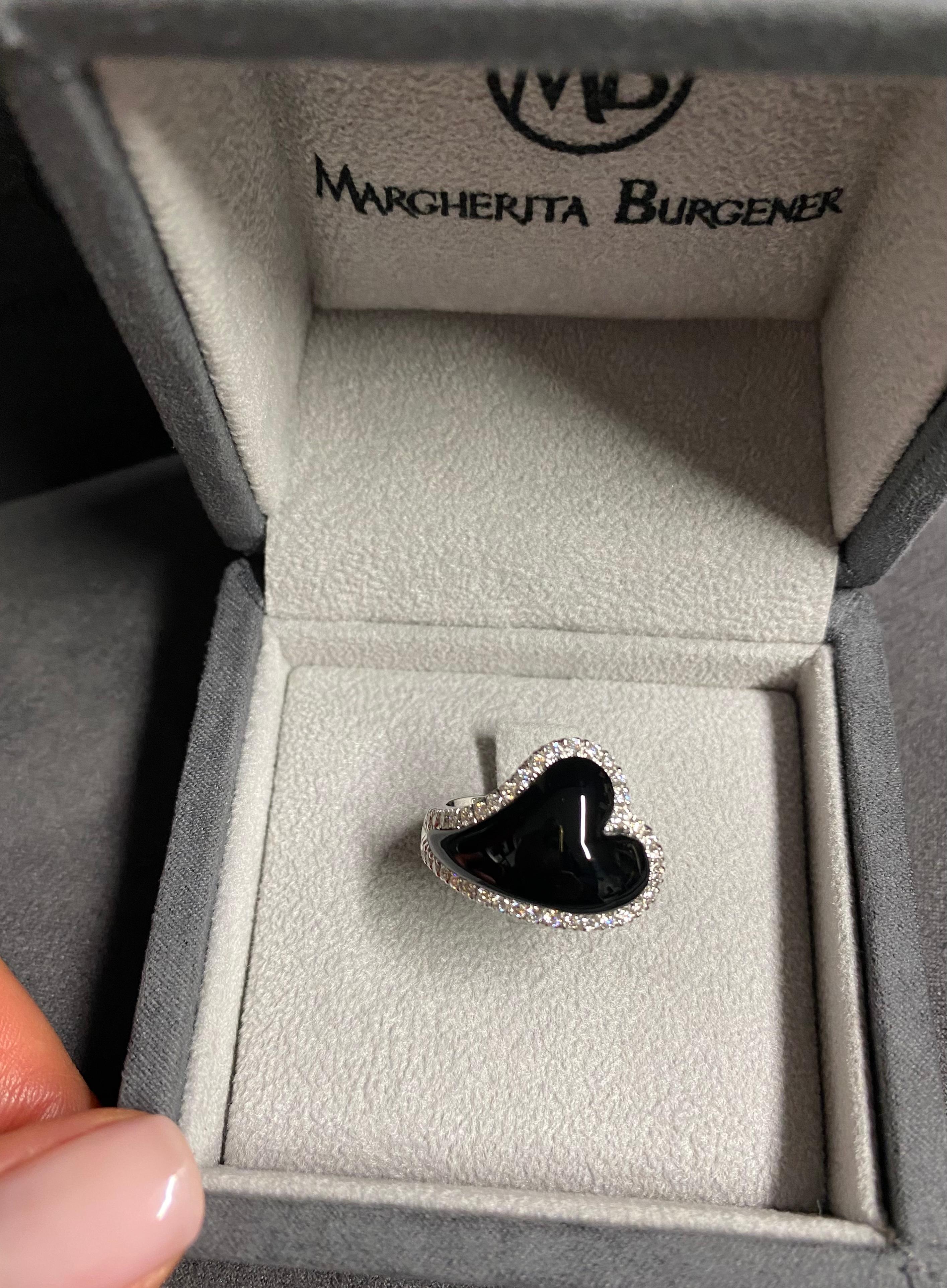 Heart Cut Diamonds Onyx 18 Kt White Gold Made in Italy Heart Ring For Sale