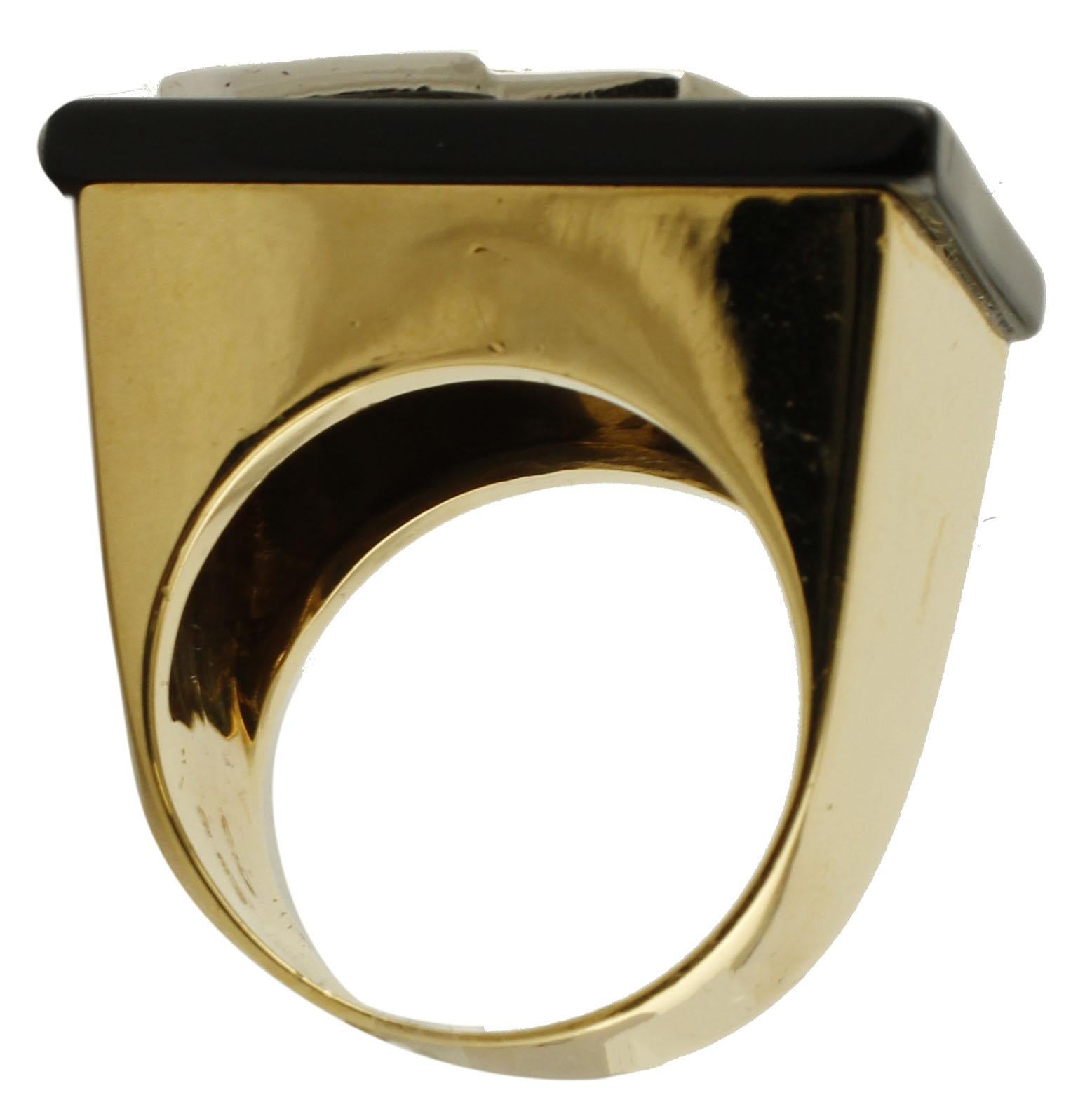 Brilliant Cut Diamonds, Onyx, 18 Karat White and Yellow Gold Ring For Sale