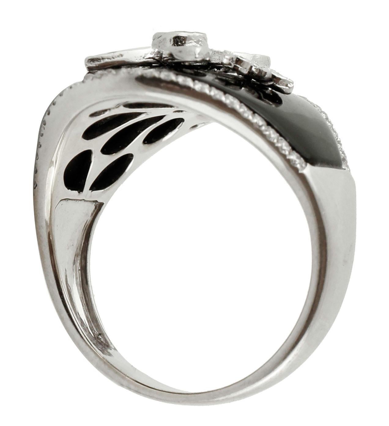 Retro Diamonds, Onyx, 18 Karat White Gold Ring For Sale
