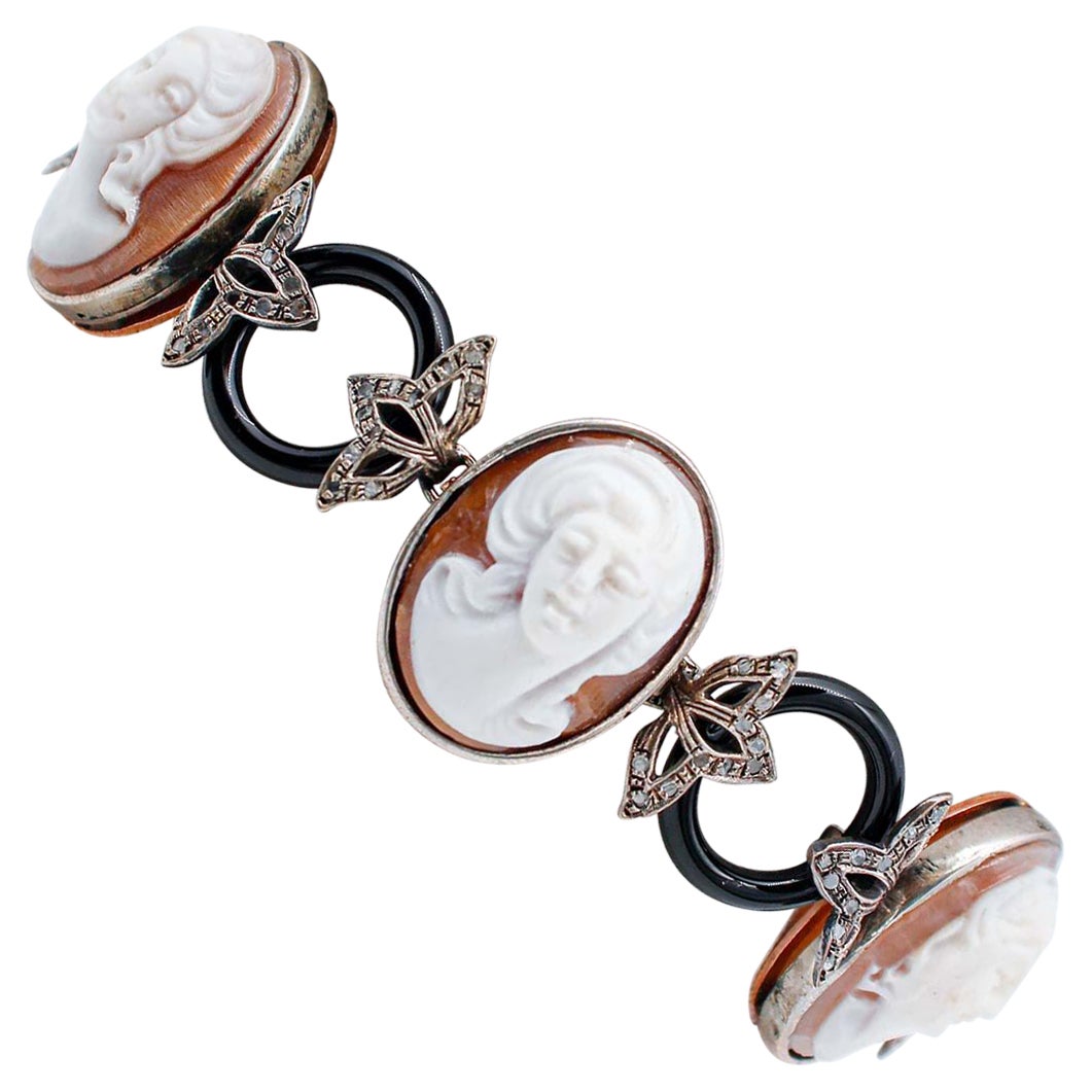 Diamantes, ónice, camafeo, oro rosa de 9 quilates y pulsera Retrò de plata