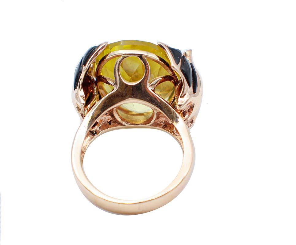 Retro Diamonds, Onyx, Citrine, 14 Karat  Rose Gold  Fashion Ring.