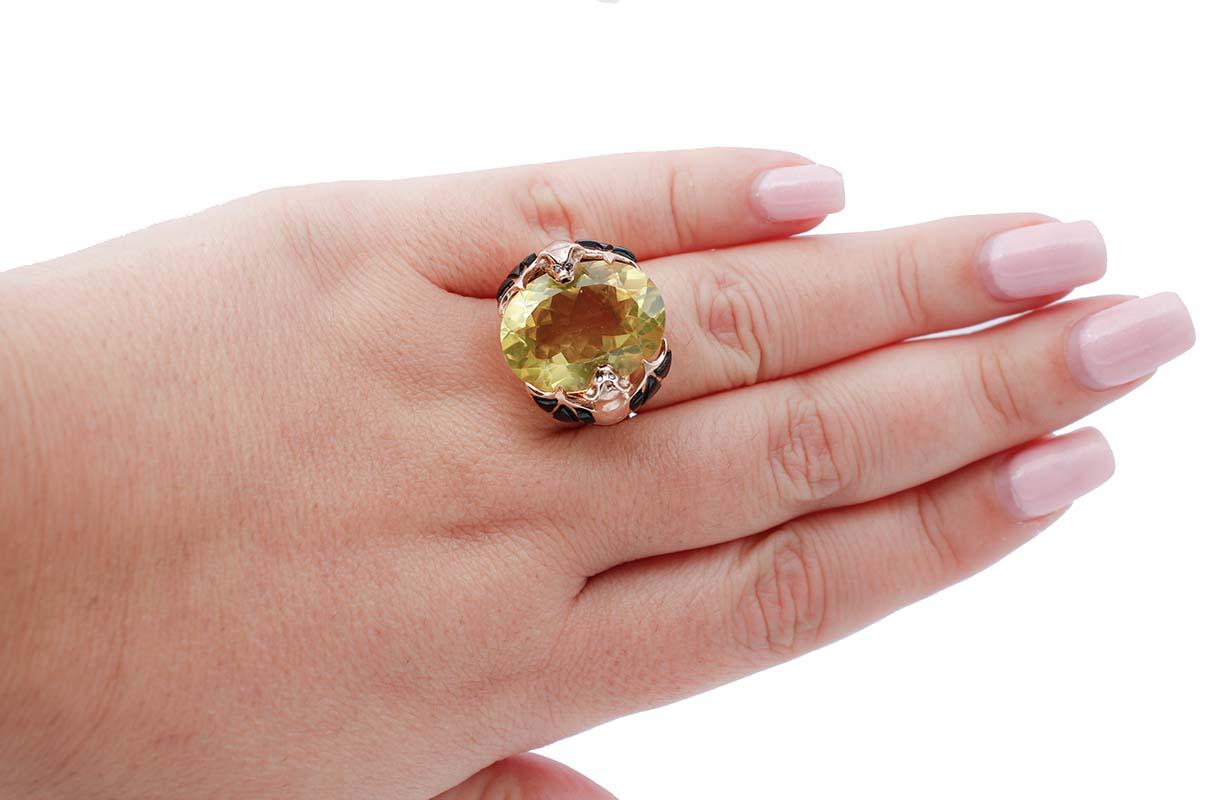 Mixed Cut Diamonds, Onyx, Citrine, 14 Karat  Rose Gold  Fashion Ring.