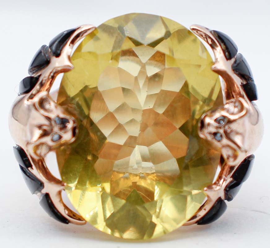 Diamonds, Onyx, Citrine, 14 Karat  Rose Gold  Fashion Ring.