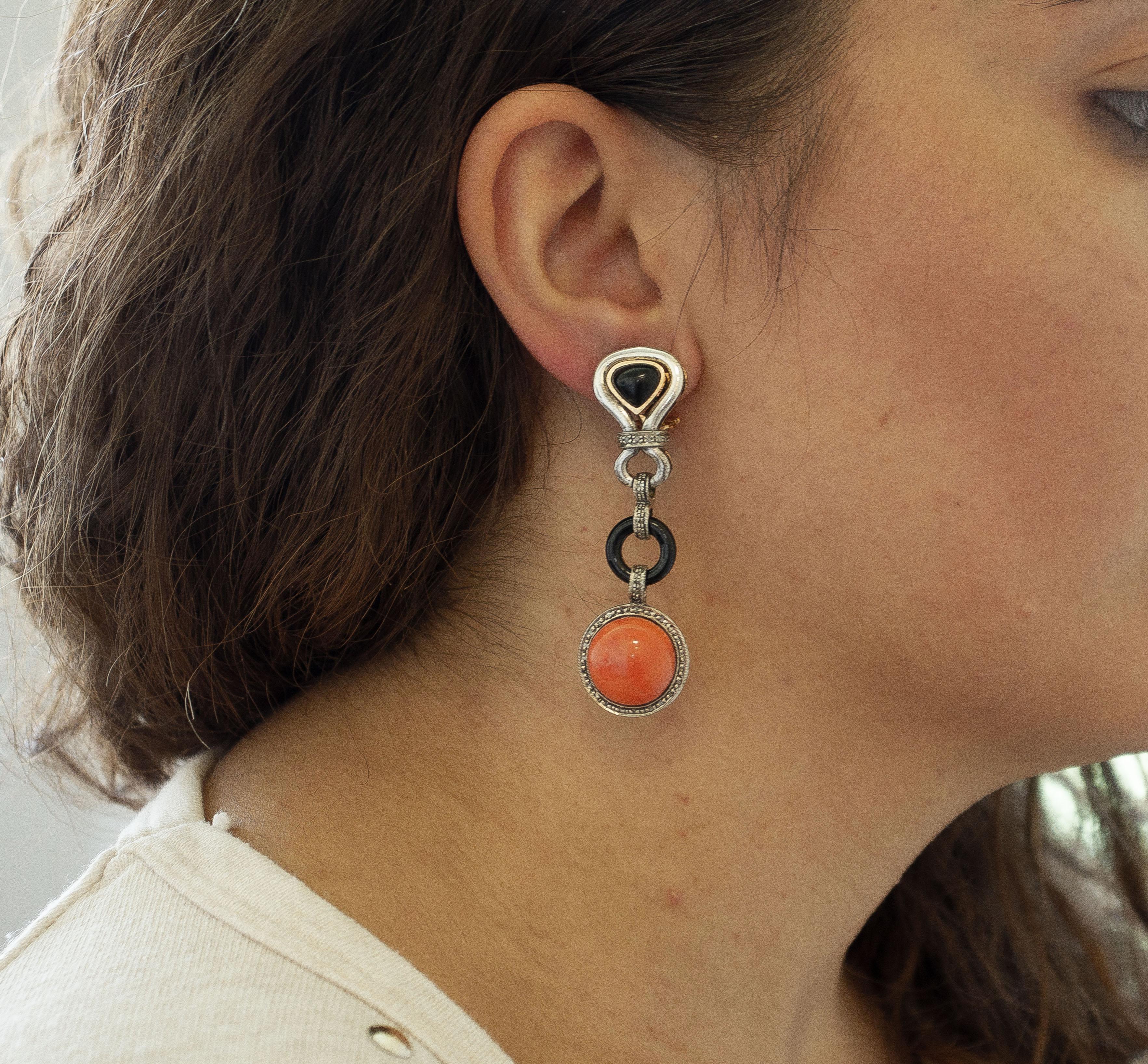 Women's Diamonds, Onyx, Red Coral, 14 Karat Rose Gold and Silver Dangle Earrings