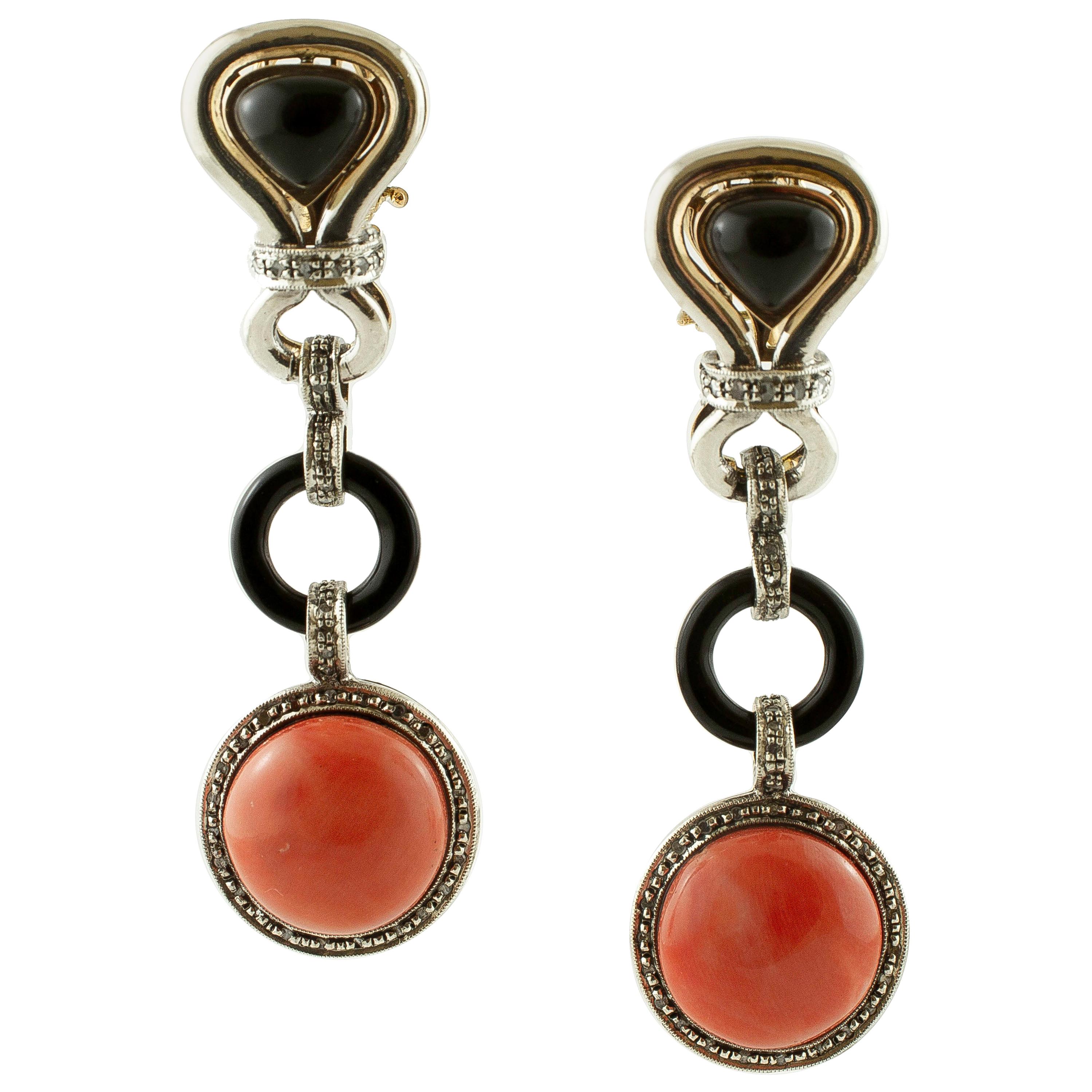 Diamonds, Onyx, Red Coral, 14 Karat Rose Gold and Silver Dangle Earrings For Sale