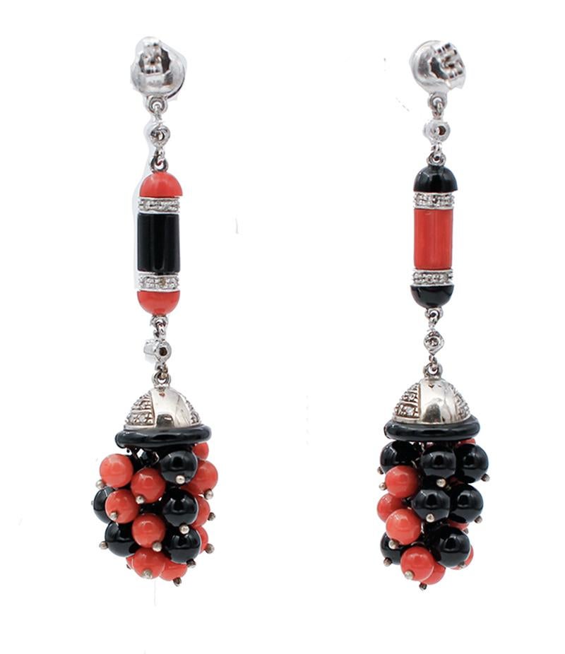 Retro Diamonds, Onyx, Coral, 14 Karat White Gold Dangle Earrings