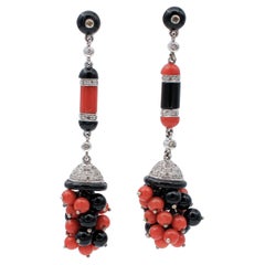 Diamonds, Onyx, Coral, 14 Karat White Gold Dangle Earrings