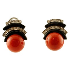 Diamonds, Onyx, Coral, 14 Karat White Gold, Vintage Stud Earrings