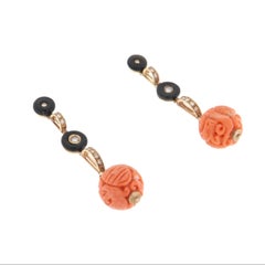 Retro Style Natural Diamond Onyx Carved Coral 14K Yellow Gold Drop Earrings