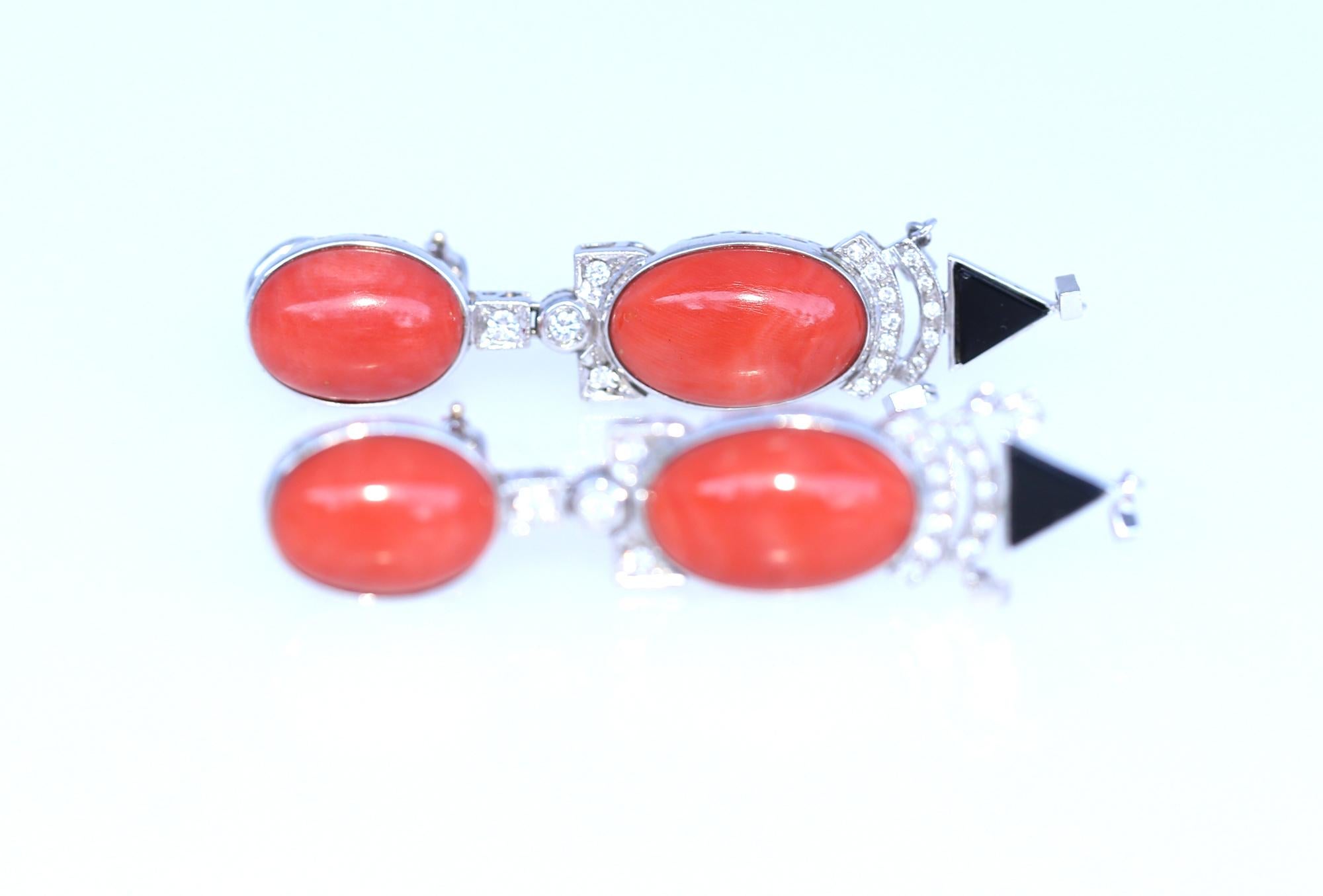 Round Cut Diamonds Onyx Coral Earrings, 1970