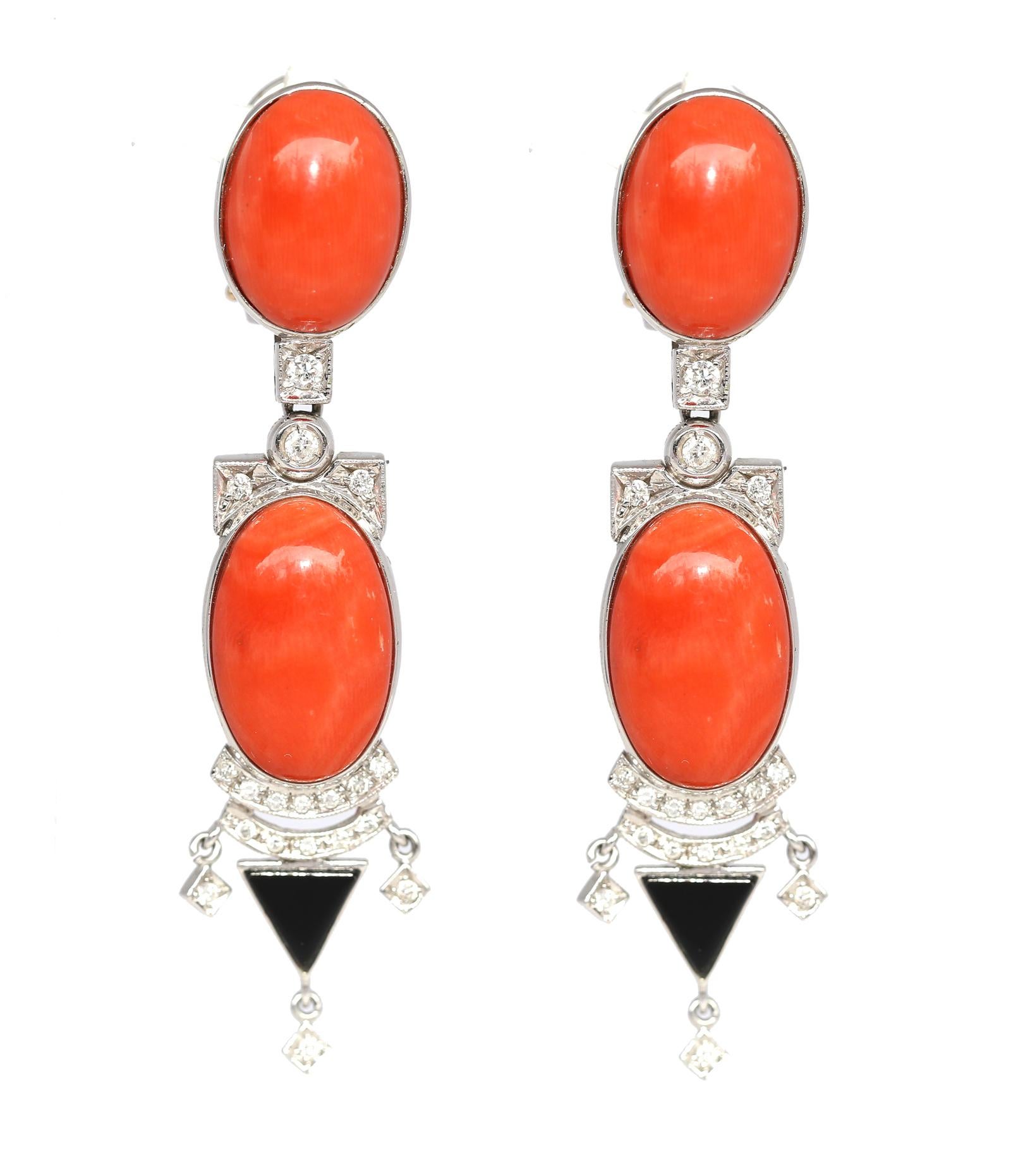 Women's Diamonds Onyx Coral Earrings, 1970