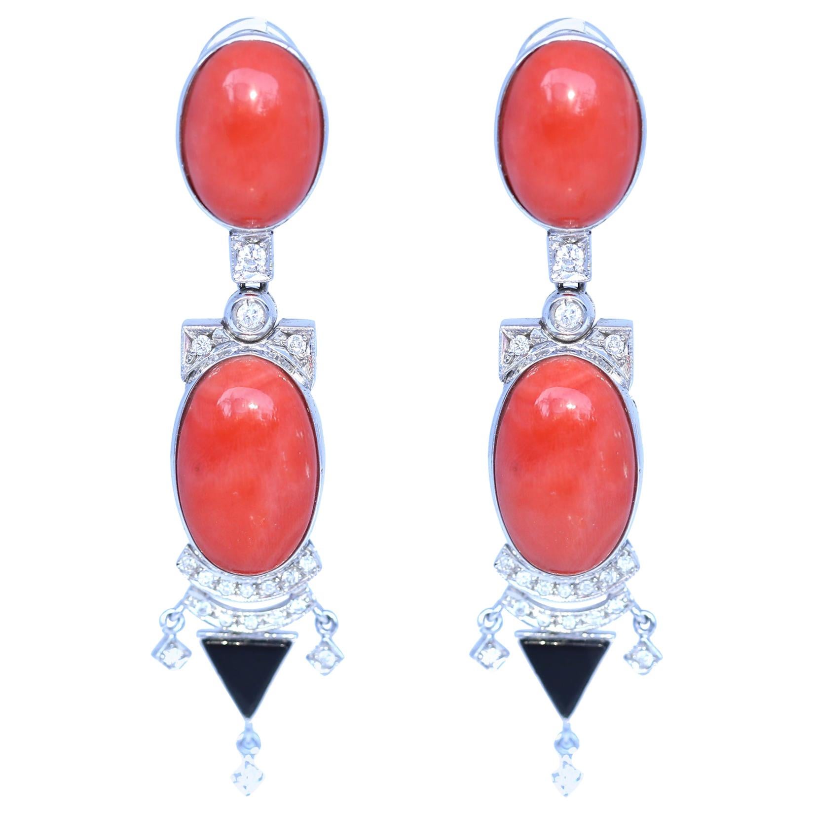 Diamonds Onyx Coral Earrings, 1970