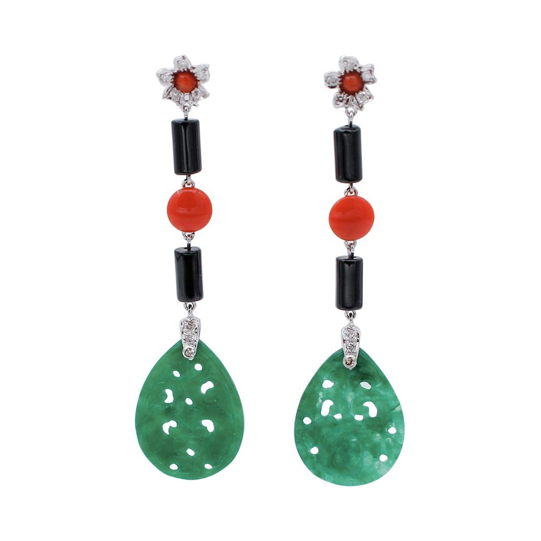 Diamonds, Onyx, Coral, Green Agate, 18 Karat White Gold Dangle Earrings