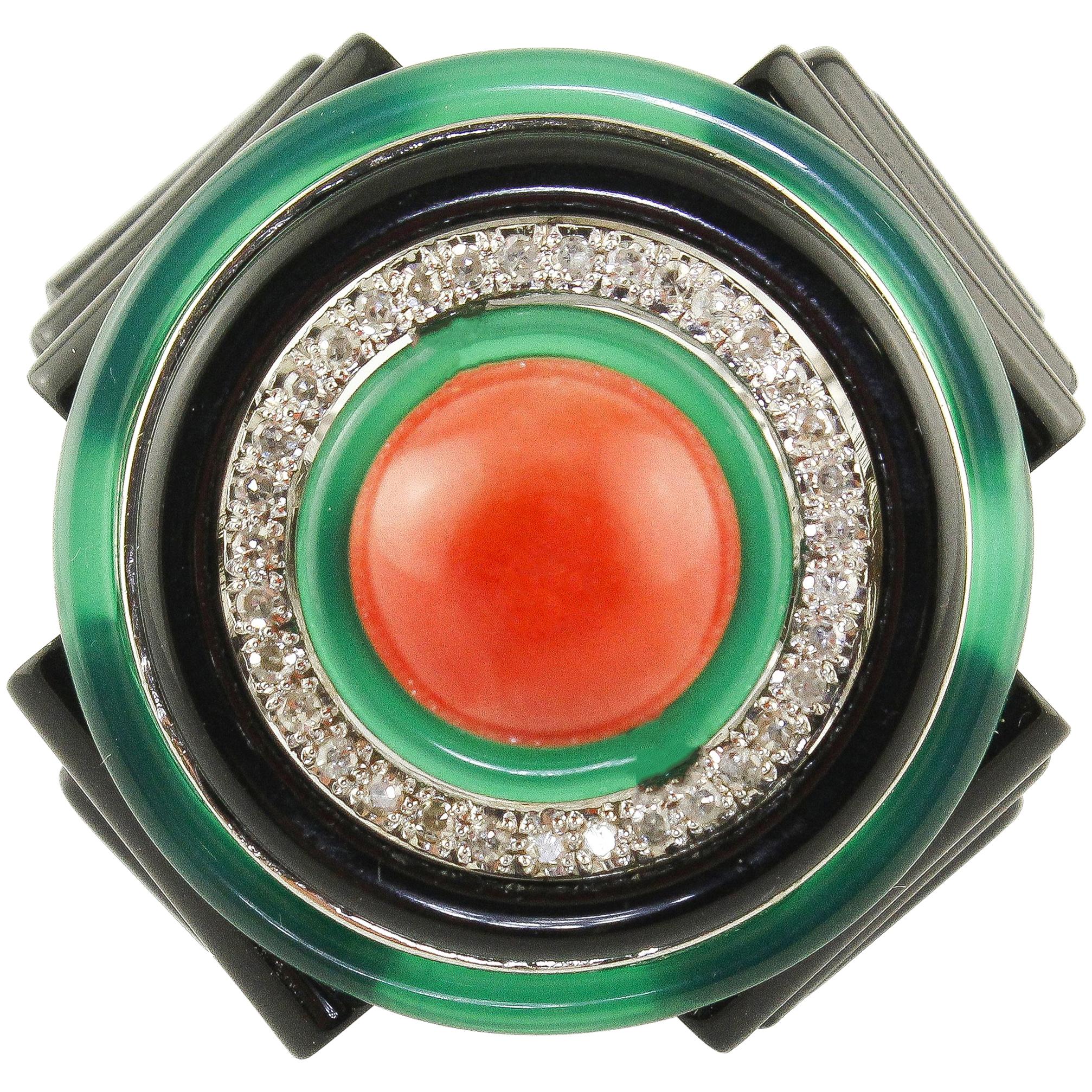 Diamonds Onyx Green Agate Coral White Gold Fashion Ring For Sale