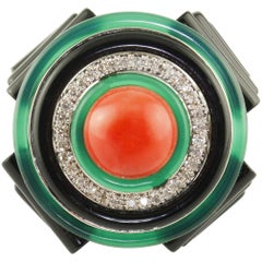 Diamanti Onice Agata Verde Corallo Anello moda in oro bianco