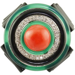 Vintage Diamonds Onyx Green Agate Coral White Gold Fashion Ring