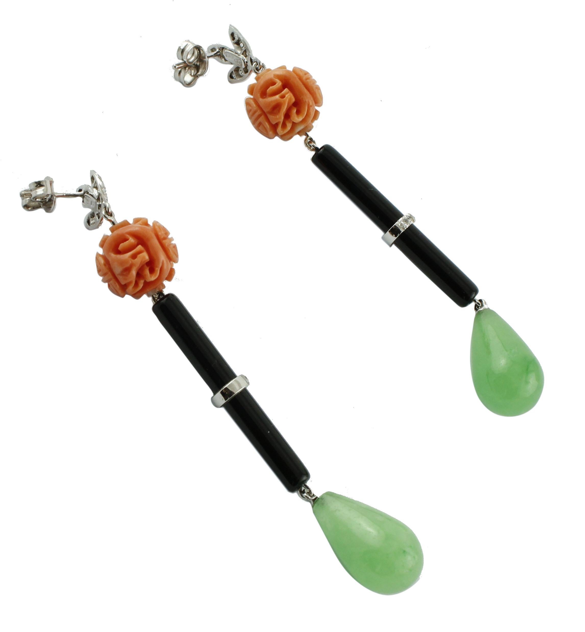 Diamond, Onyx, Green Agate Drops, Engraved Orange Coral, 14K Gold Drop Earrings (Retro)
