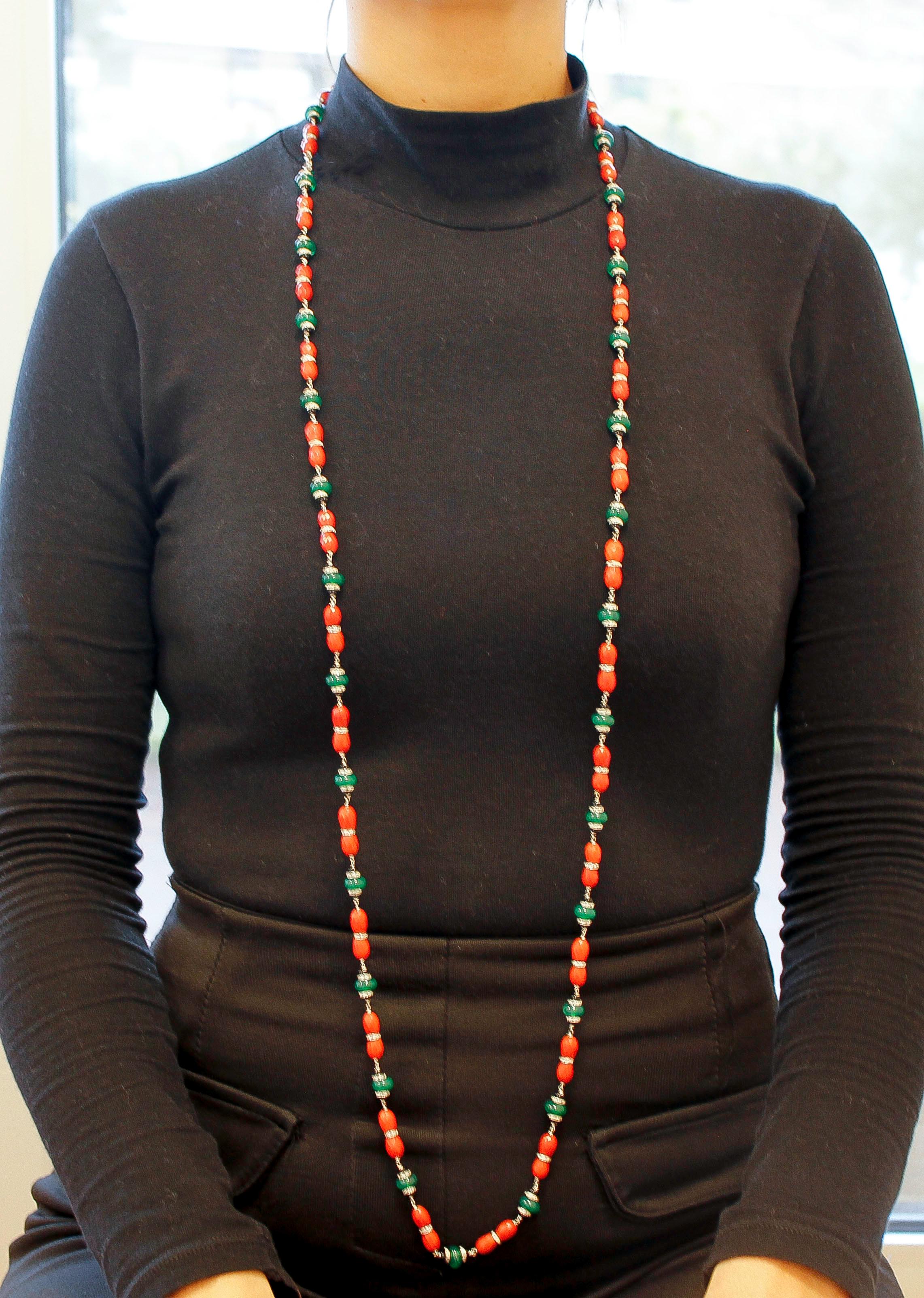 Retro Diamonds, Onyx, Green Agate, Red Coral, White Gold Link/Multi-Strand Necklace