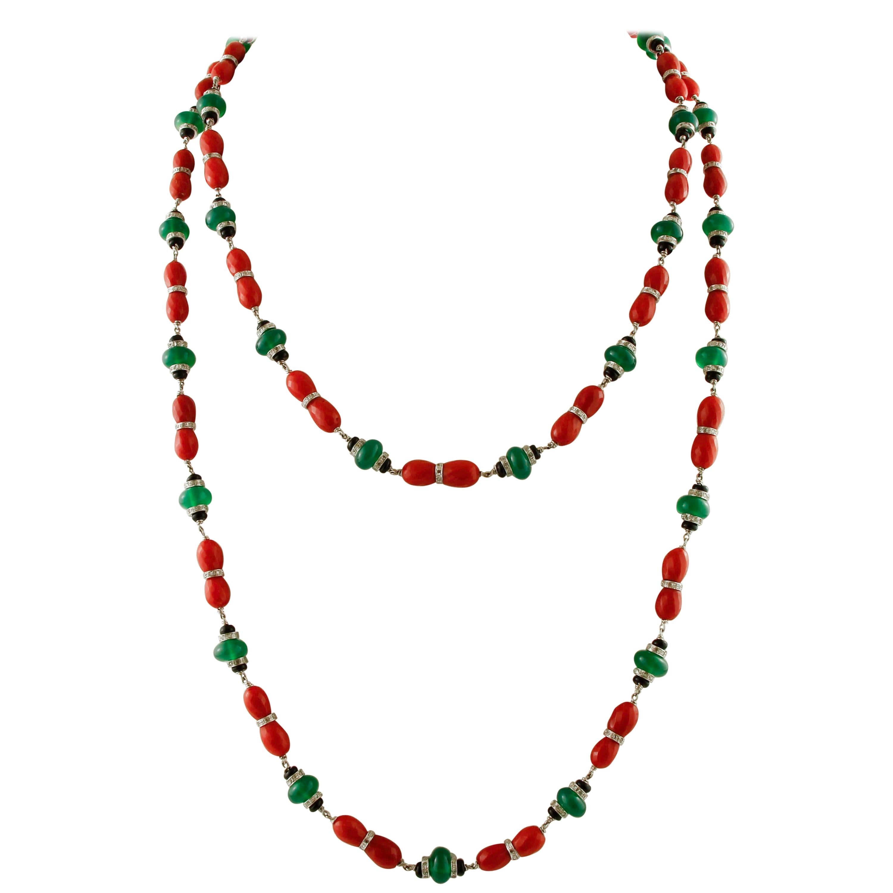 Diamonds, Onyx, Green Agate, Red Coral, White Gold Link/Multi-Strand Necklace