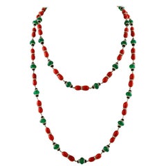 Diamonds, Onyx, Green Agate, Red Coral, White Gold Link/Multi-Strand Necklace